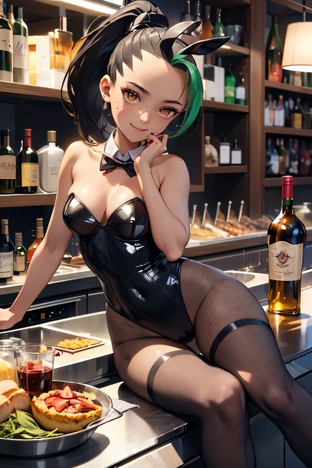 (Official art、Best Quality、Unity 8k Wallpapers、32K、masterpiece、ultra-detailliert、超A high resolution、realisitic、Photorealsitic:1.2)、(Cinematic lighting:1.2)、Fireglow effect、film grains、Best Shadows、Rim lighting、side lights、(Ultra-detailed and complex 3D rendering)、Detailed beautiful face and eyes、A slender、Medium bust、(Full body:1.2)、 Highly detailed background、(super detailed skin、detailed skin textures:1.3)、(a bar counter、shop front:1.4)、Nemona, brown eyes, black hair, ponytail, brown skin, Black hair ponytail with green mesh in the bangs, freckles, shinny skin、beauitful face、Playboy Bunny Girl、High-cut leotards、a bow tie、Cuffs、Wearing fishnet stockings、Black rabbit ears、With a rabbit tail in the ass,,、Have a tray of liquor、Smiling smile、Angle from below、