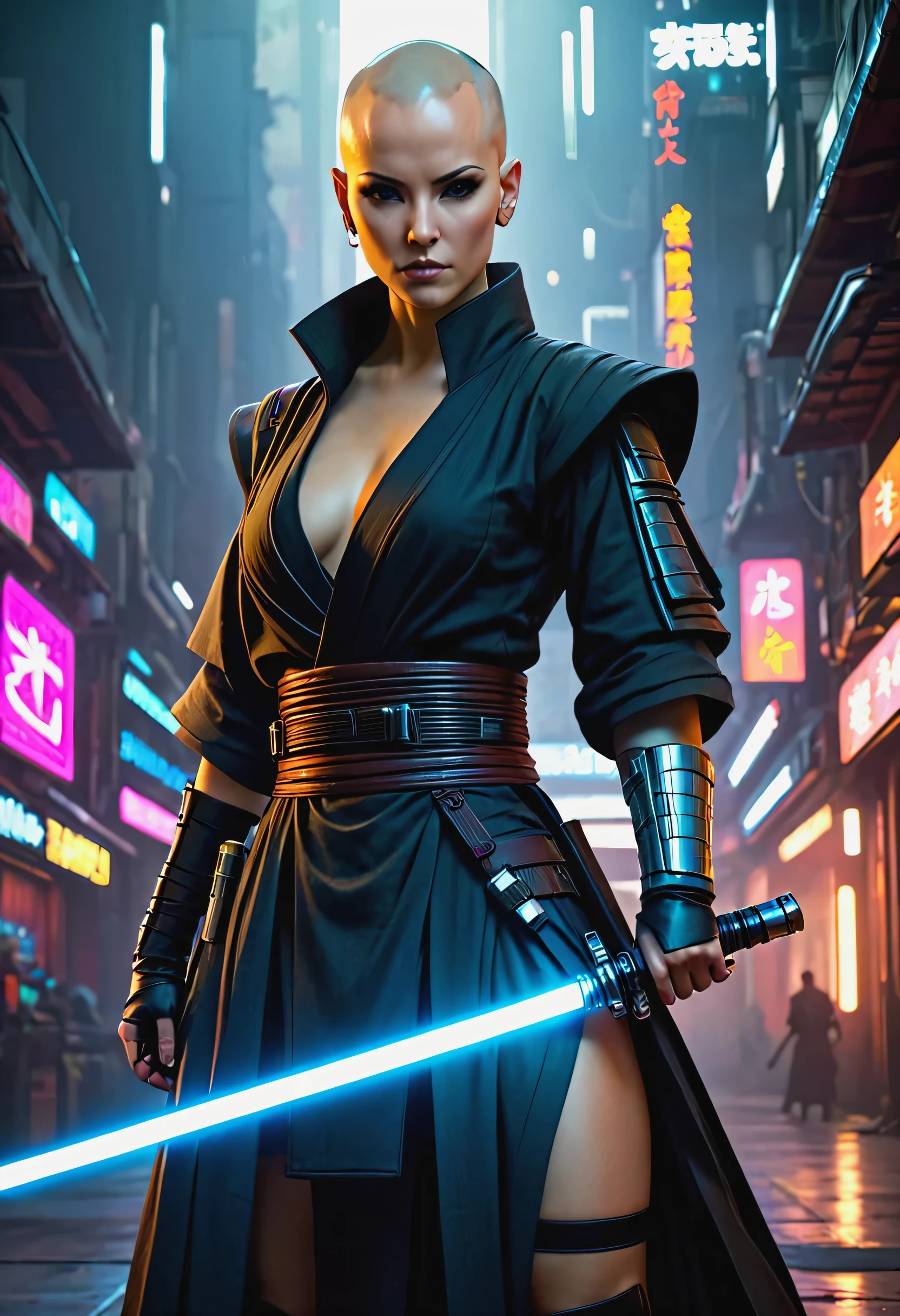 Jedi`s lightsaber,sh4g0d style cyberpunk female warrior,(Bald,monk:1.2),bushido,robe