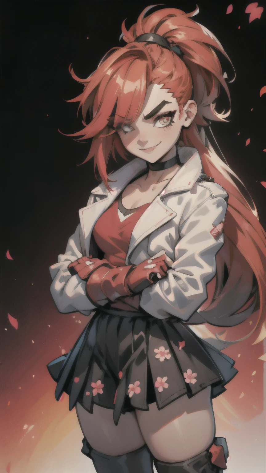 (best quality:1.2),solo,1girl,mdrin,smile,looking at viewer,crossed arms,ponytail,v-shaped eyebrows,white jacket,red shirt,fingerless gloves,black skirt,choker,illustration,floral garden background,warm color tones,soft lighting, Hair over one eye, ultra long hair, standing on hooftop, long boots