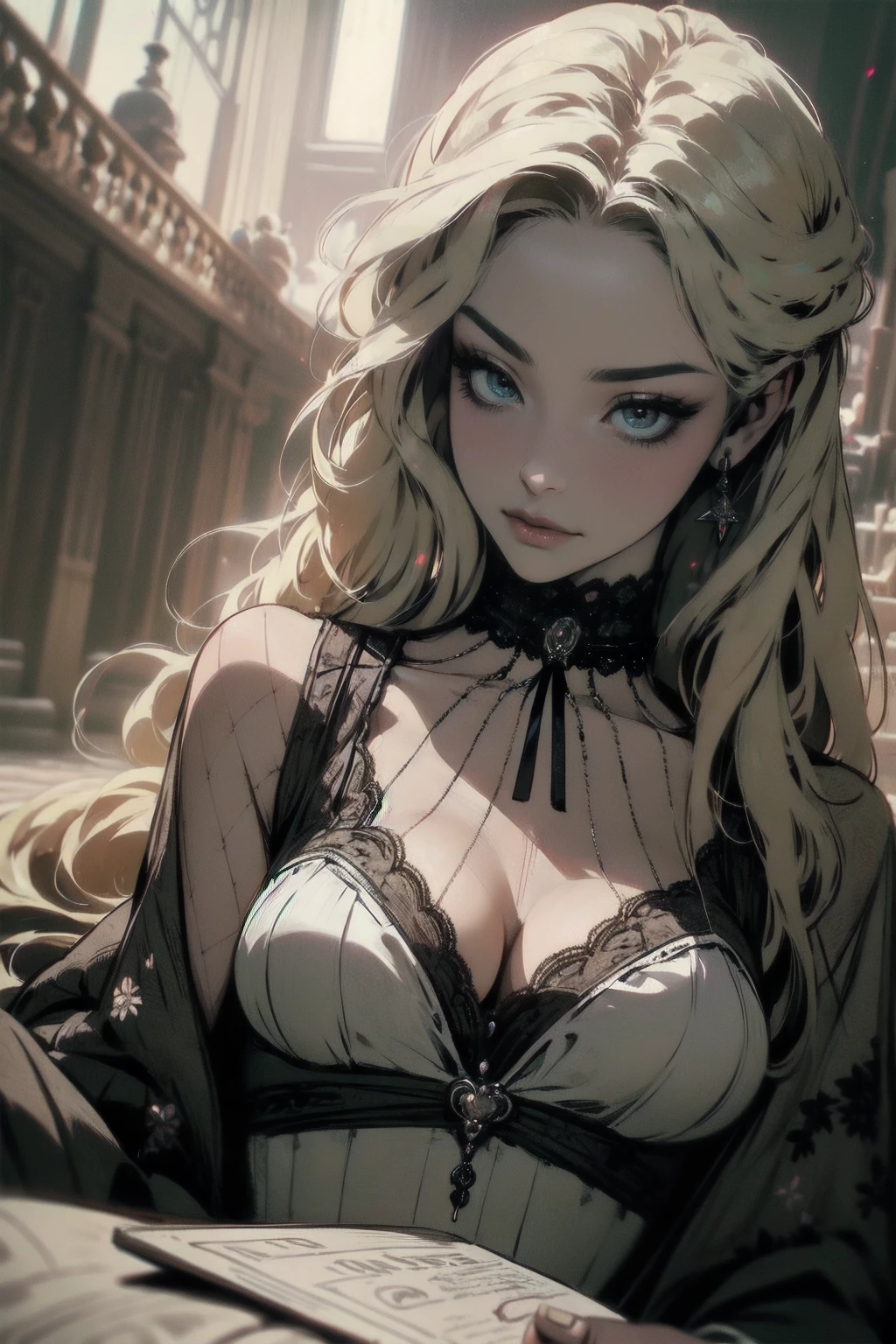 { - anatomy error}(Masterpiece - Ultra-detailed, very high resolution) Prepare to be enchanted by a true masterpiece that combines ultra-detailed art with high-resolution rendering. This work depicts a mesmerizing woman with very long blond hair (1.3) and captivating opal eyes (1.2), emanating an aura of elegance and mystery in Victorian settings. The intricate details and realistic textures invite you to explore every aspect of this enchanting composition. Woman wearing beautiful classic Victorian costume from the year 1878. Red lips. Happy face. Smiling. white dress (white) dress. Walking, writing, lying down, standing, on your back, dynamic poses. Get ready to dive into a world where beauty and craftsmanship merge perfectly.