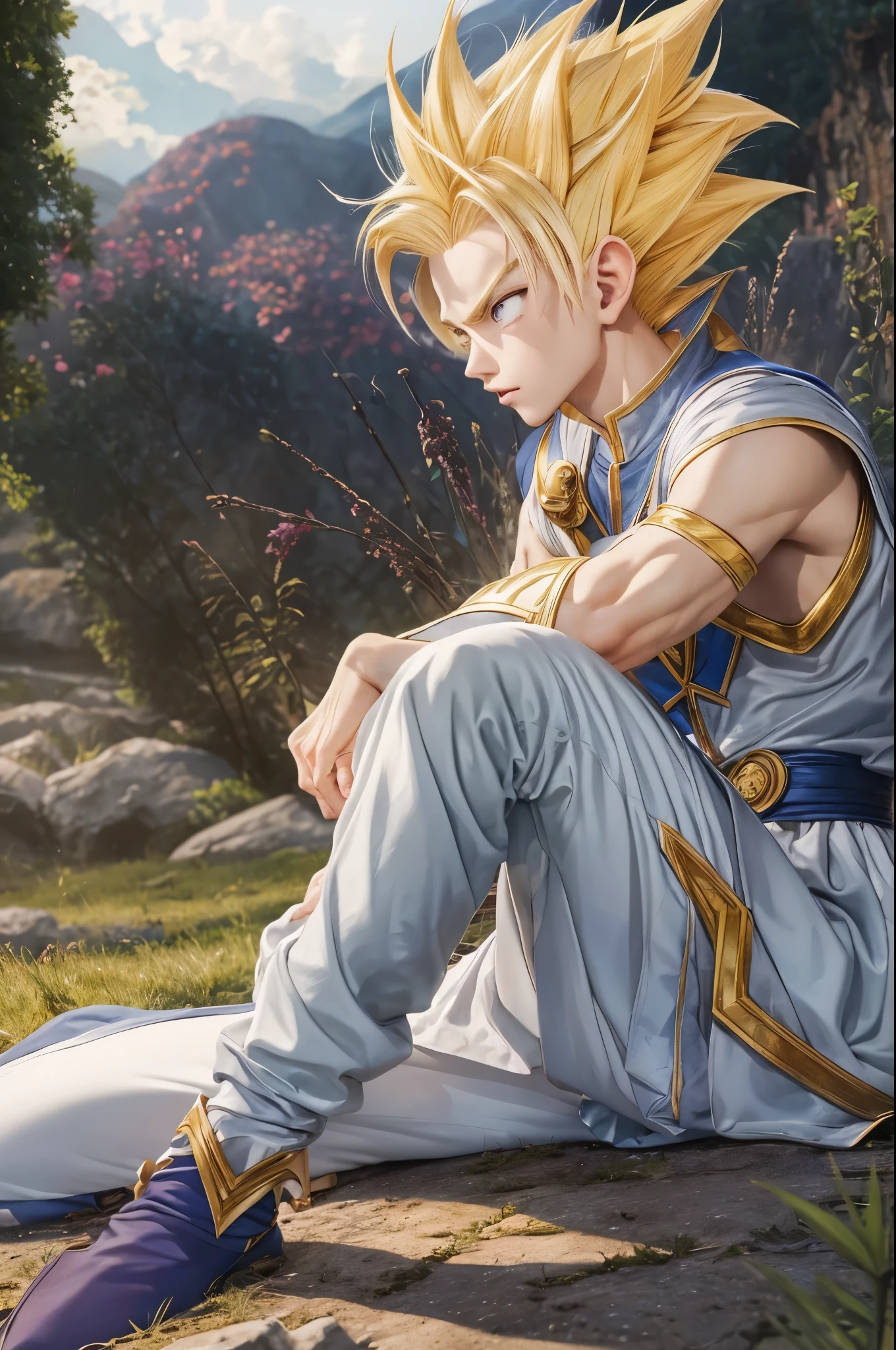(masterpiece), 8k, best quality, panoramic view, full body, elf boy, naïve, male, teenager, 14 years old, white skin, slim body, pointed elf ears, beautiful finely detailed silver eyes, high forehead, spiky yellow blonde hair like Gohan from the anime dragon ball (super sayajin), incredibly handsome, conservative elven outfit, sitting on the floor, dizzy after being hit,
