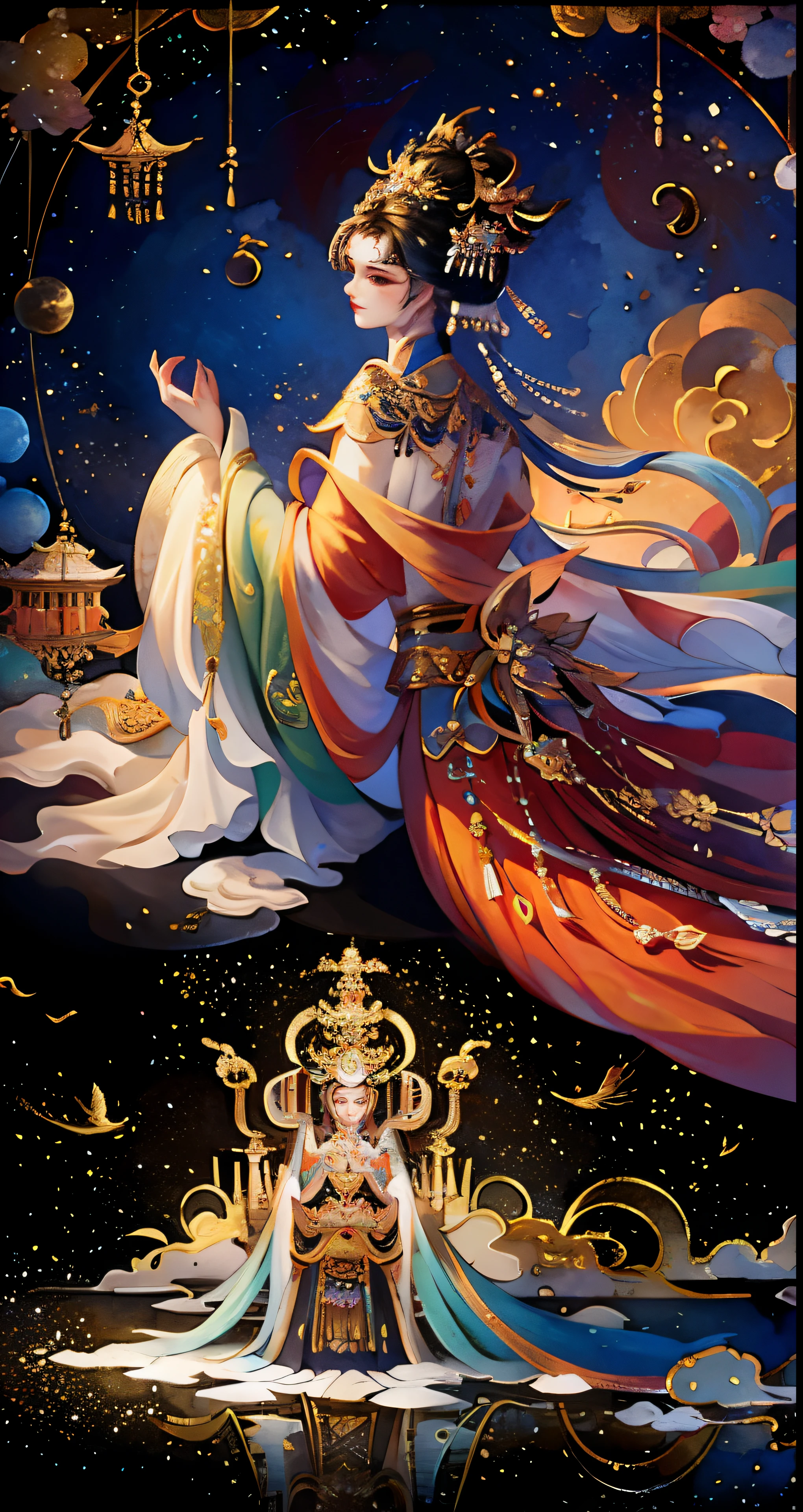 In the grandiose reality, an ancient Chinese palace floats serenely above the clouds. In the imperial hall of this regal abode, the emperor sits majestically upon his throne, draped in opulent ancient attire and wearing an expression of unyielding power. A bevy of concubines adorns the room, their resplendent silks shimmering in the colorful light. Kneeling before them, craftsmen meticulously ply their trades, their creations a testament to the palace's splendor. The magnificent, glazed tiles that adorn the walls and the roof emit a soft, ethereal glow, casting kaleidoscopic ref