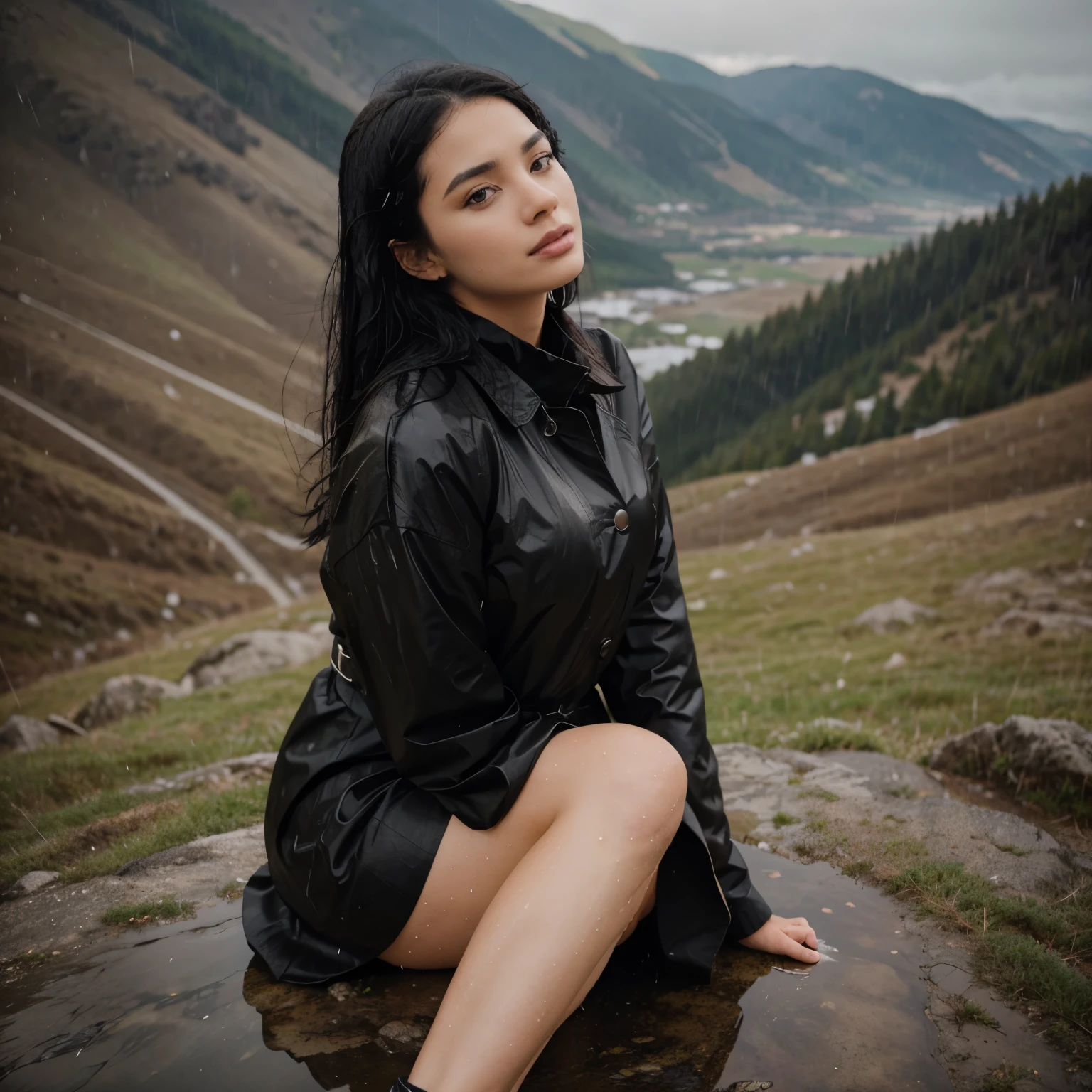 Beautiful woman with black hair wearing Short brown skirt and black coat She is sitting on top of the mountain and it is raining and she is wet