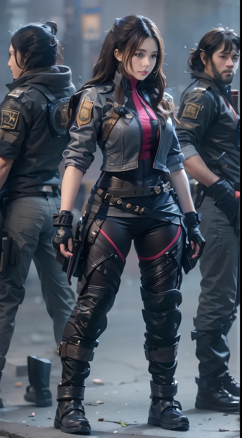 11:23(((best quality: 1.4))),(Unparalleled masterpiece), (ultra high definition),(Hyper-realistic 8K CG)、(one hand raised),(dark hair) ((( Body))), (((1 girl in))), 25-year-old American soldier with perfect Body,,Beautiful and well groomed face,muscular Body:1.2,Solid royal blue jacket with details, (Pictures from head to thighs), Complex equipment, Purple,trousers,The clothes inside are dark,Clothes with armored metal electronic parts, poison tattoo )
