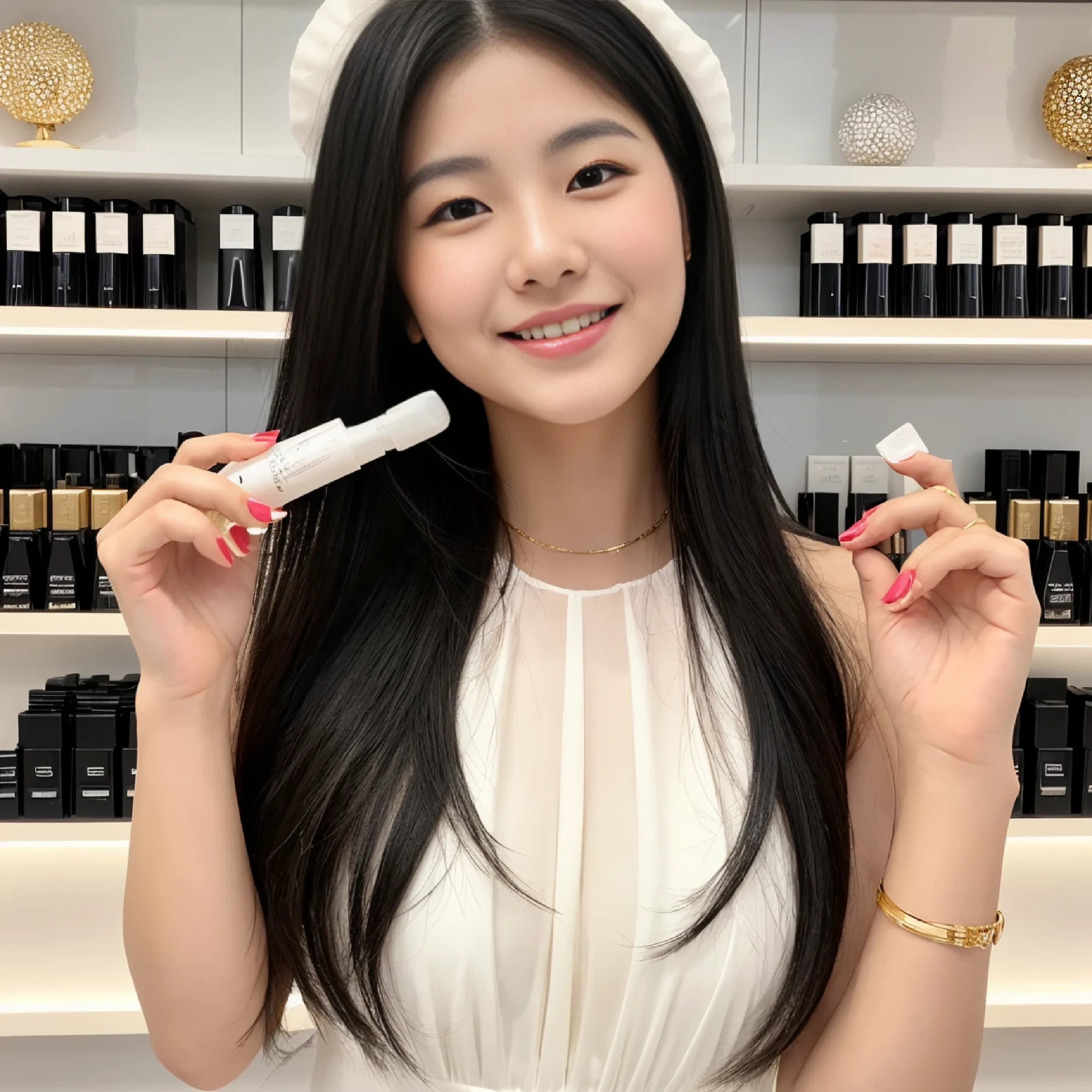 A 25-year-old girl with long black hair and white skin, her cheeks slightly rosy and glowing from the inside as she smiles, holds a lip and cheek tint bottle in one hand for advertising purposes. Her smile is genuine and radiant, drawing in the viewer's attention. dressed in white and gold dress. in a cosmetics shop. american face.