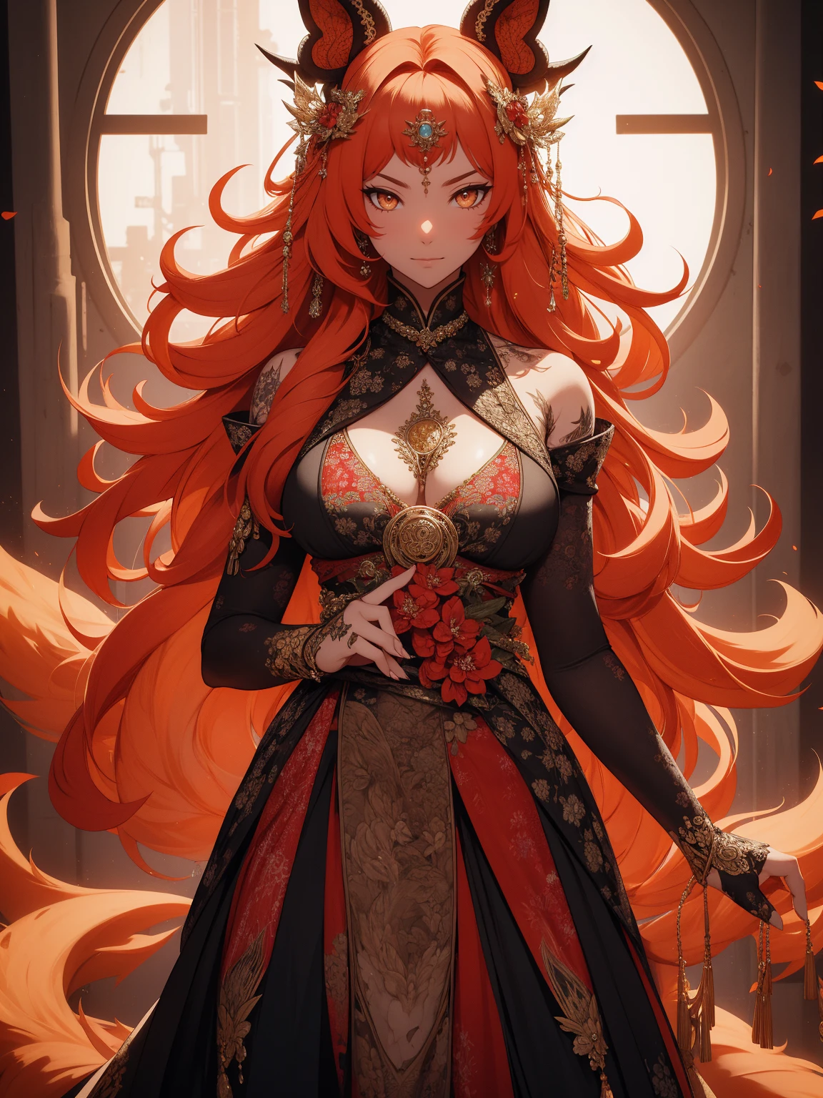 REALISTIC VISION 1.4, BETTER VAE,sharp focus, ultra detail, 32k,realistic photo, intricate details, kitsune, orange hair, oranfe eyes, intricate details ,woman, nine tails,intricate details,intricate details,big , Voluptuous body, intricate details, Miko,clothes long white dress with red details intricate details,tattoos intricate details,full body,