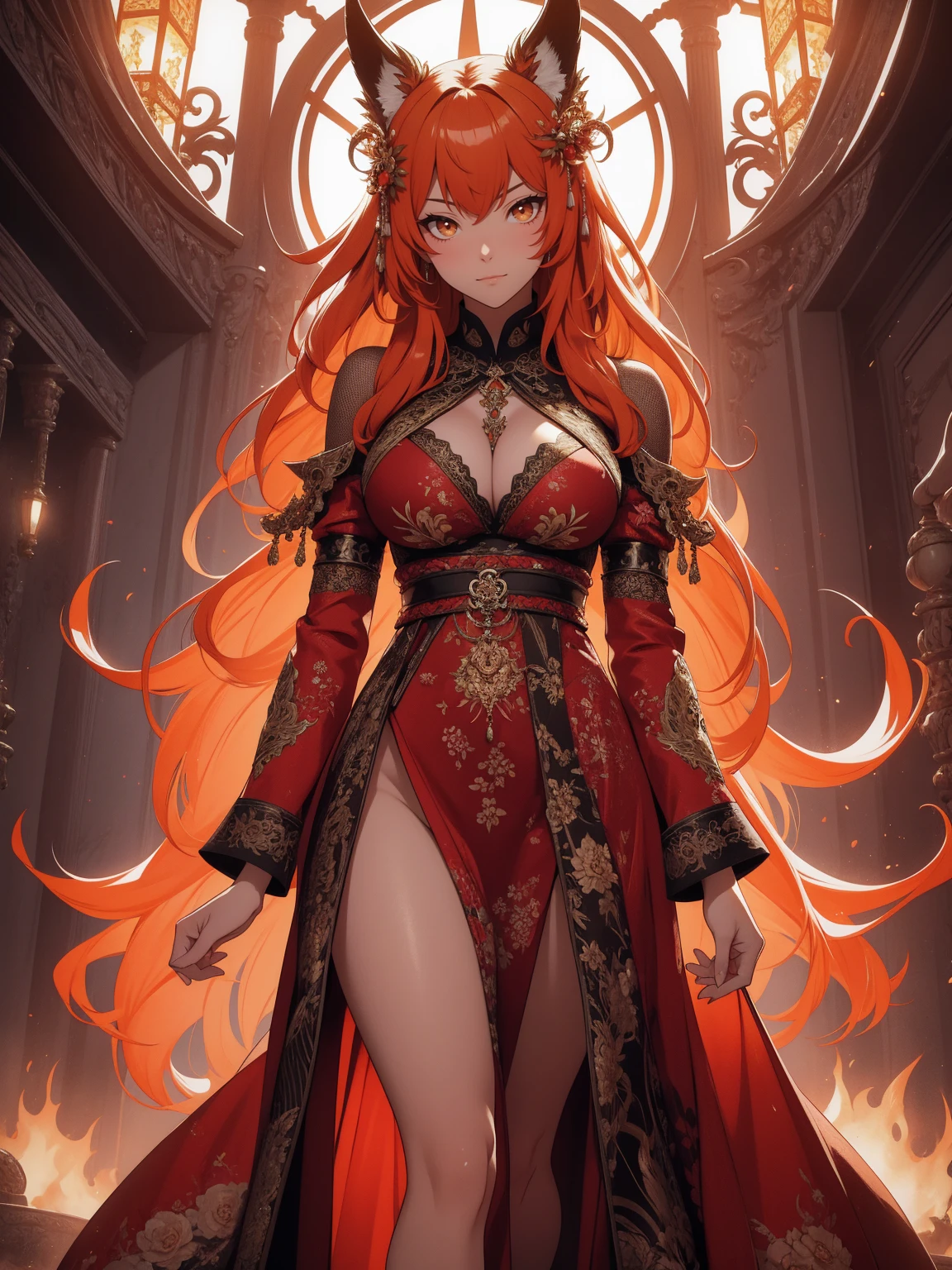 REALISTIC VISION 1.4, BETTER VAE,sharp focus, ultra detail, 32k,realistic photo, intricate details, kitsune, orange hair, oranfe eyes, intricate details ,woman, nine tails,intricate details,intricate details,big , Voluptuous body, intricate details, Miko,clothes long white dress with red details intricate details,tattoos intricate details,full body,
