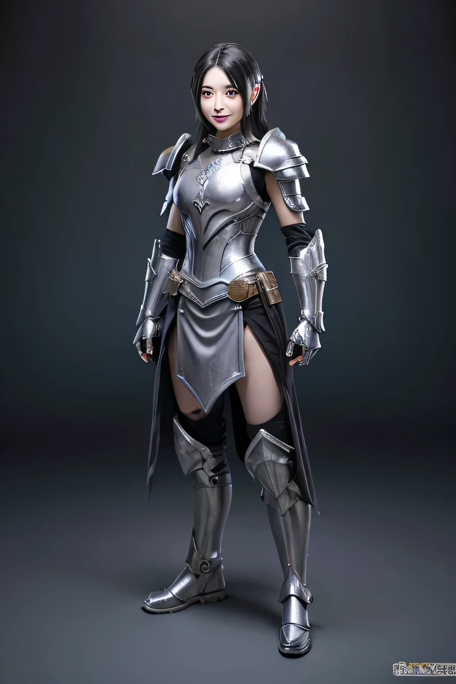high resolution, 4k, masterpiece: 1.3), japanese mature, women pictures, sexy, fine eyes, slender body shape, realistic teeth, double eyelid, full body, highest quality, get used to it, equipped with armor, in a fantasy world, The background is a castle、black hair、smile、beautiful teeth、hairstyle shortcut、full body photo、luxurious silver armor、Information held by the helmet