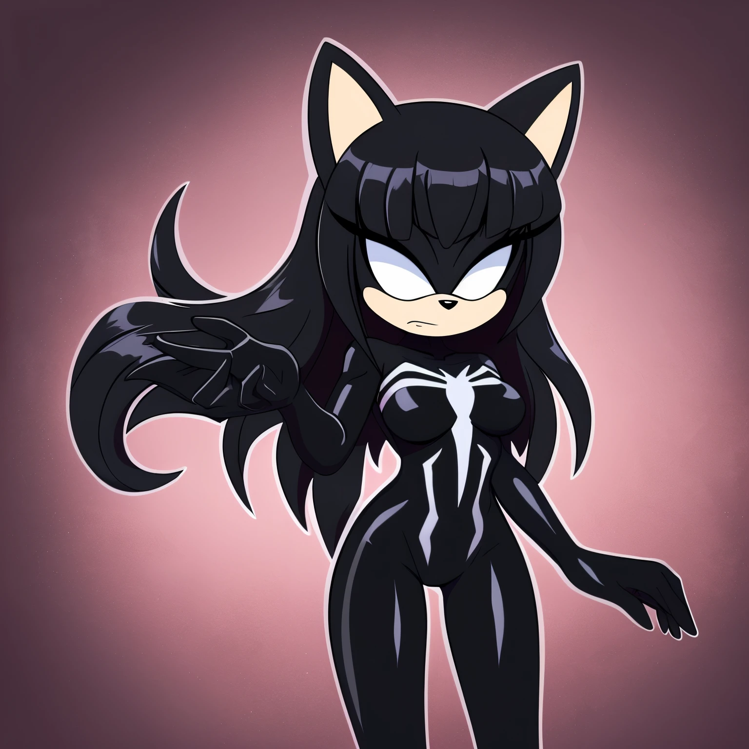 Mobian, female, ((fox)), ((black fur)), long hair, feminine eyelashes, medium breasts, ((Amy styled hair bangs)), fox tail, perfect feminine figure, black muzzle, (blank white eyes), anime style, standing, furry female, (solo), best quality, ((wearing a she venom Symbiote like bodysuit)), (2D Art Style), ((flat colors)), blank background, serious