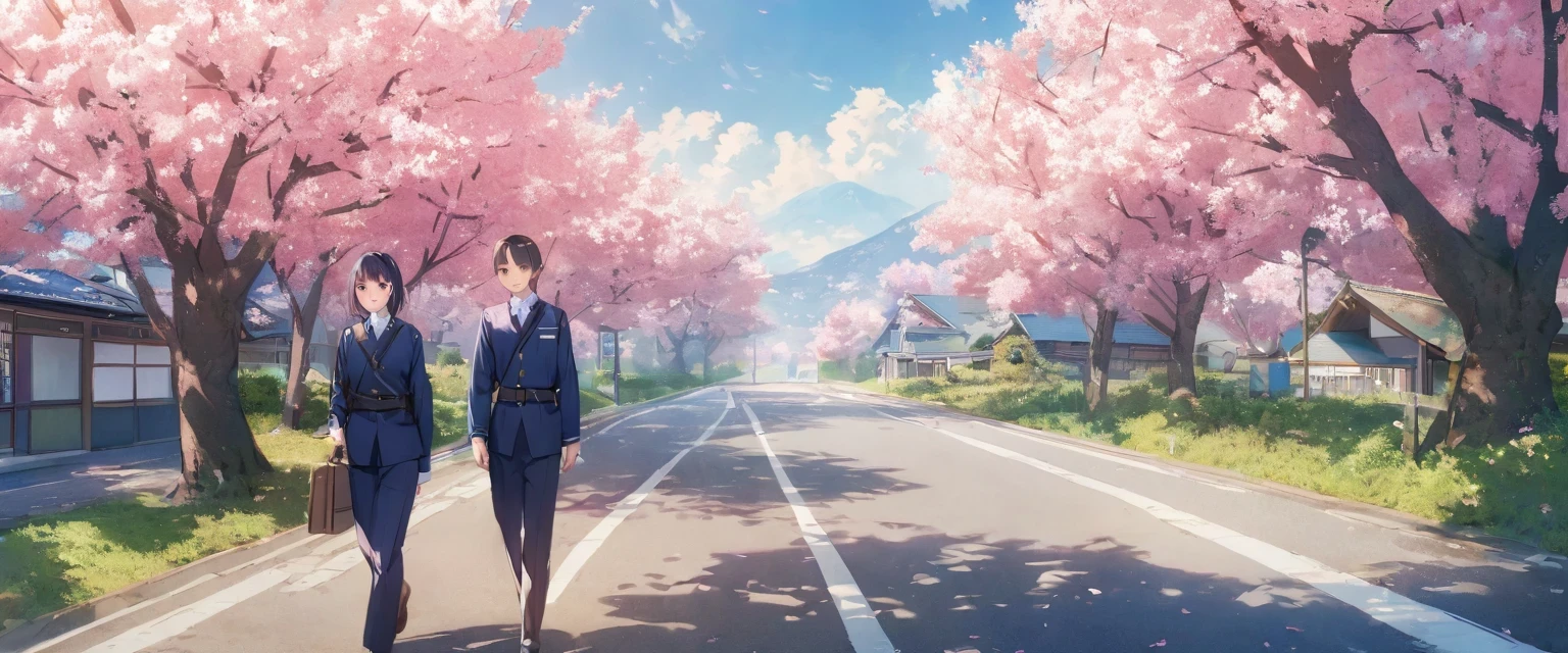 diy18,The image captures a serene morning scene in a rural Japanese town. Students, dressed in uniforms, are seen walking towards the train station on a road lined with cherry blossom trees, which are in full bloom. The trees, with their delicate pink and white blossoms, are a beautiful contrast to the blue sky above. The perspective of the photo is from above, giving a bird's eye view of the scene below.