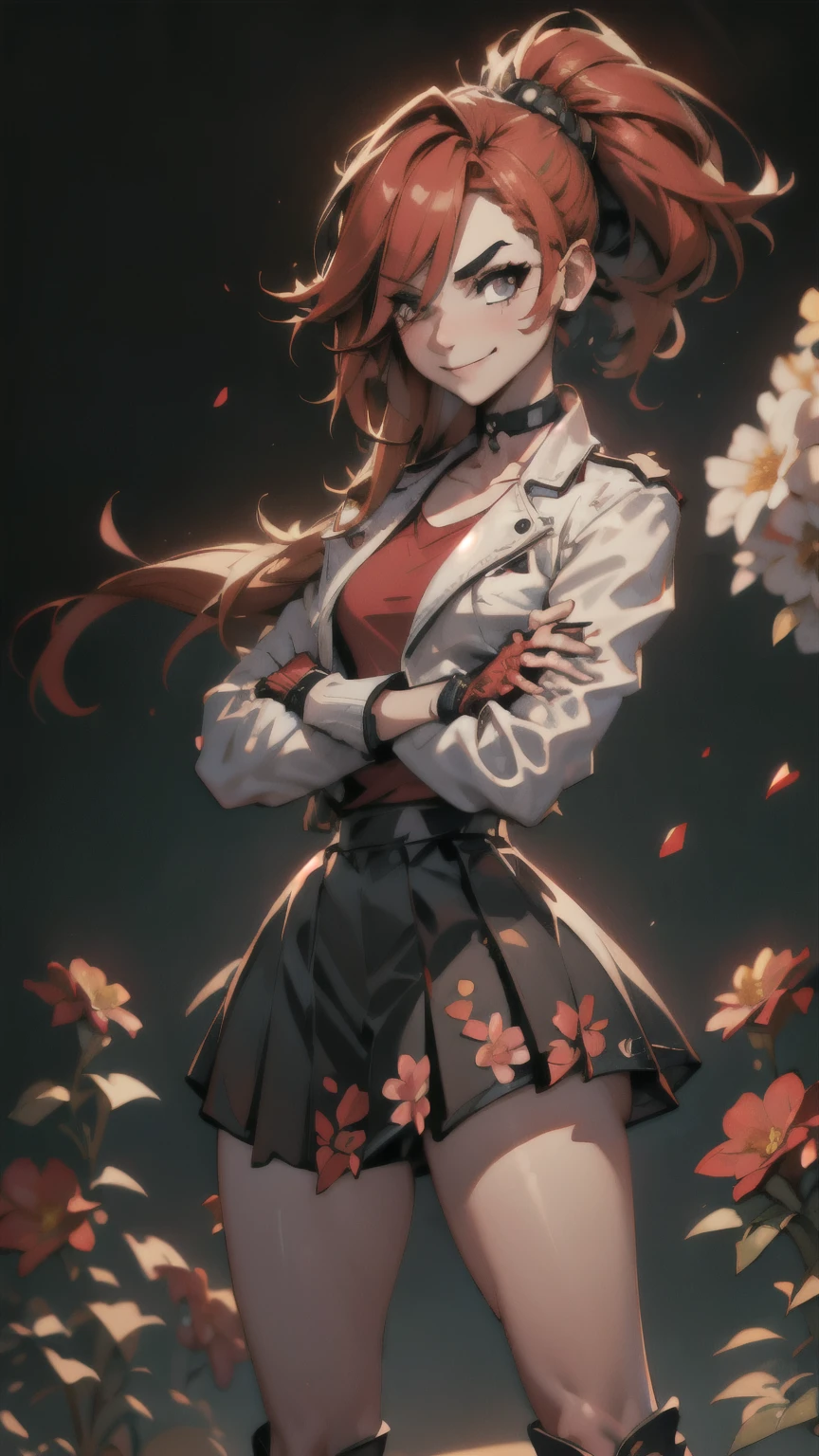 (best quality:1.2),solo,1girl,mdrin,smile,looking at viewer,crossed arms,ponytail,v-shaped eyebrows,white jacket,red shirt,fingerless gloves,black skirt,choker,illustration,floral garden background,warm color tones,soft lighting, Hair over one eye, ultra long hair, standing on hooftop, long boots