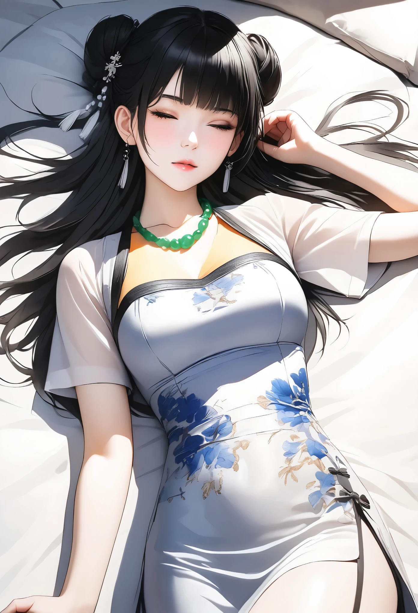 Beautiful Chinese woman, in a white long dress, with black hair in a bun with bangs and a headband, eyes closed lying on a bed, top view, on white silk sheets, with a jade necklace around her neck, a chest tattoo above a waist belt, photo realistic, portrait photography, shot in the style of a Sony A7 III camera.