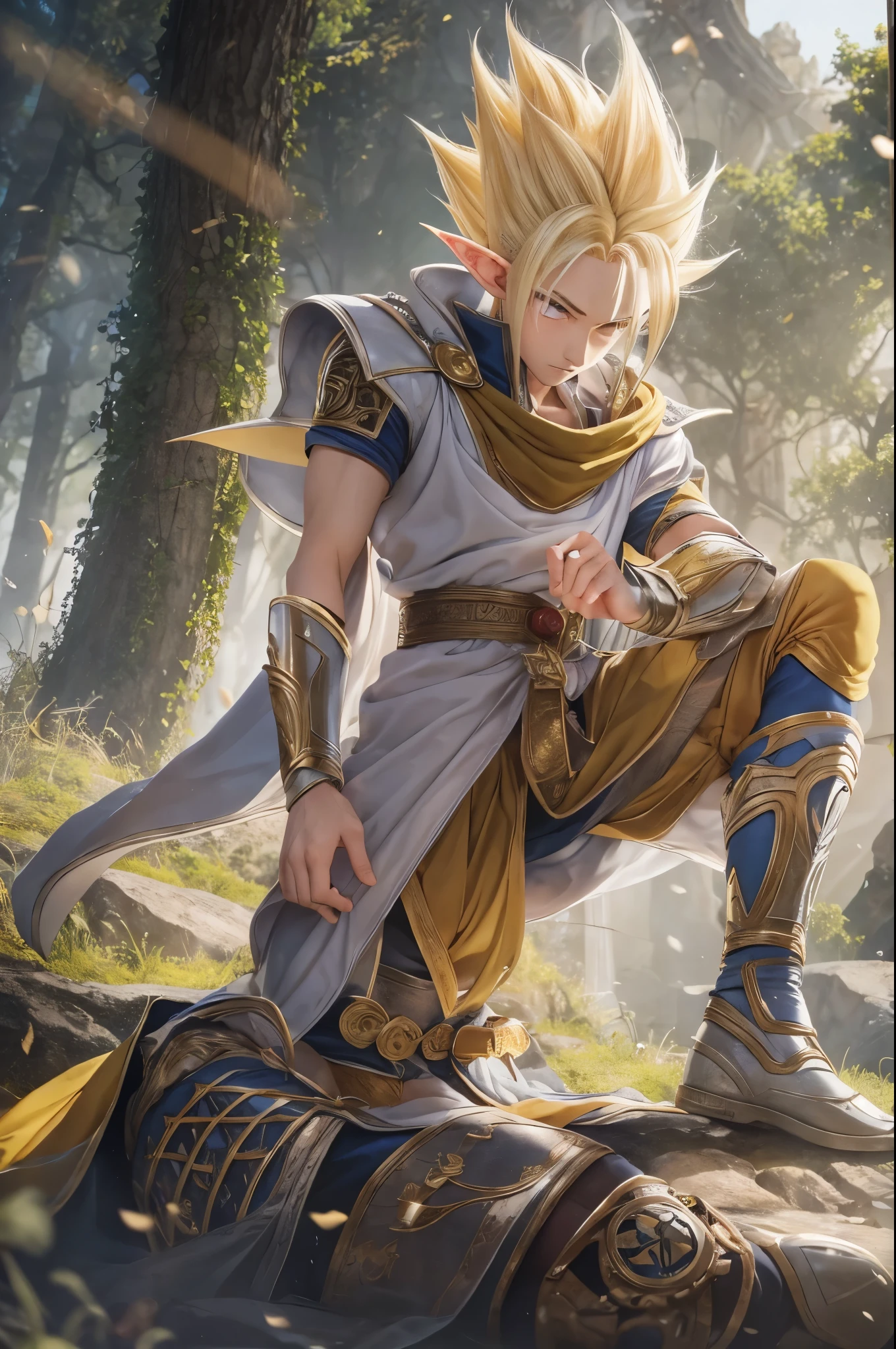 (masterpiece), 8k, best quality, panoramic view, full body, elf boy, naïve, male, ager, 14 yite skin, slim body, pointed elf ears, beautiful finely detailed silver eyes, high forehead, spiky yellow blonde hair like Gohan from the anime dragon ball (super sayajin), incredibly handsome, conservative elven outfit, sitting on the ground, dizzy after being hit, warrior, courageous, strong, hero, valor, fearless, full action, adventure,