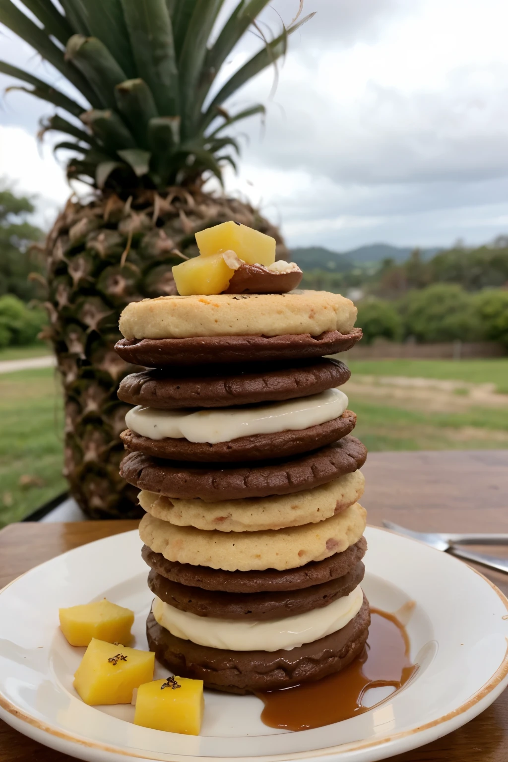 Alfajores de maicena con solo un nivel de altura, y tiene mango en la masa, realista. With a pineapple and a mango in the background