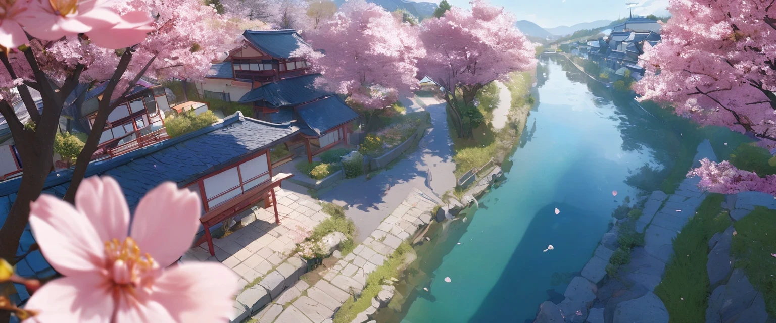 diy18,The image captures a serene morning scene in a rural Japanese town. Students, dressed in uniforms, are seen walking towards the train station on a road lined with cherry blossom trees, which are in full bloom. The trees, with their delicate pink and white blossoms, are a beautiful contrast to the blue sky above. The perspective of the photo is from above, giving a bird's eye view of the scene below.