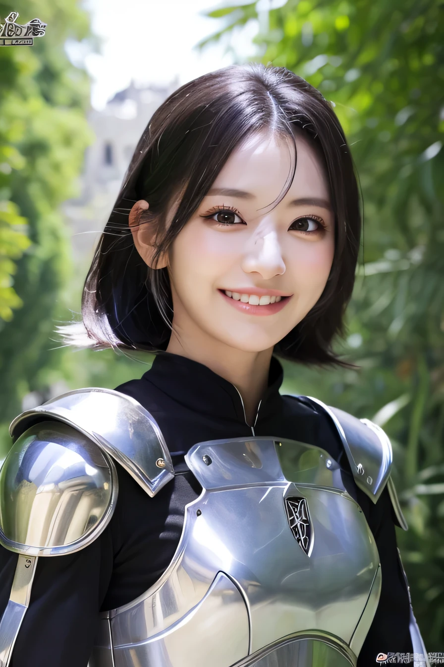 high resolution, 4k, masterpiece: 1.3), japanese mature, women pictures, sexy, fine eyes, slender body shape, realistic teeth, double eyelid, full body, highest quality, get used to it, equipped with armor, in a fantasy world, The background is a castle、black hair、smile、beautiful teeth、hairstyle shortcut、full body photo、luxurious silver armor、Information held by the helmet

