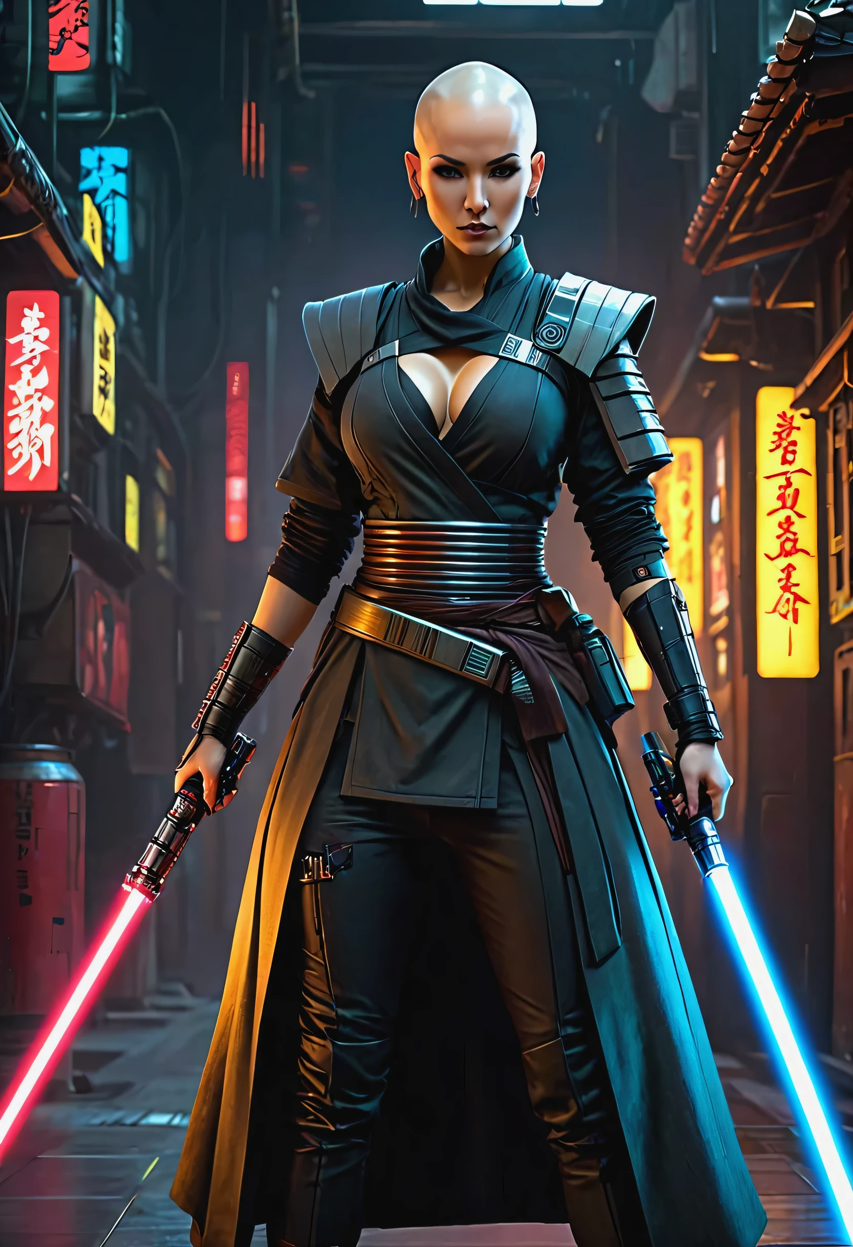 Jedi`s lightsaber,sh4g0d style cyberpunk female warrior,(Bald,monk:1.2),bushido,robe