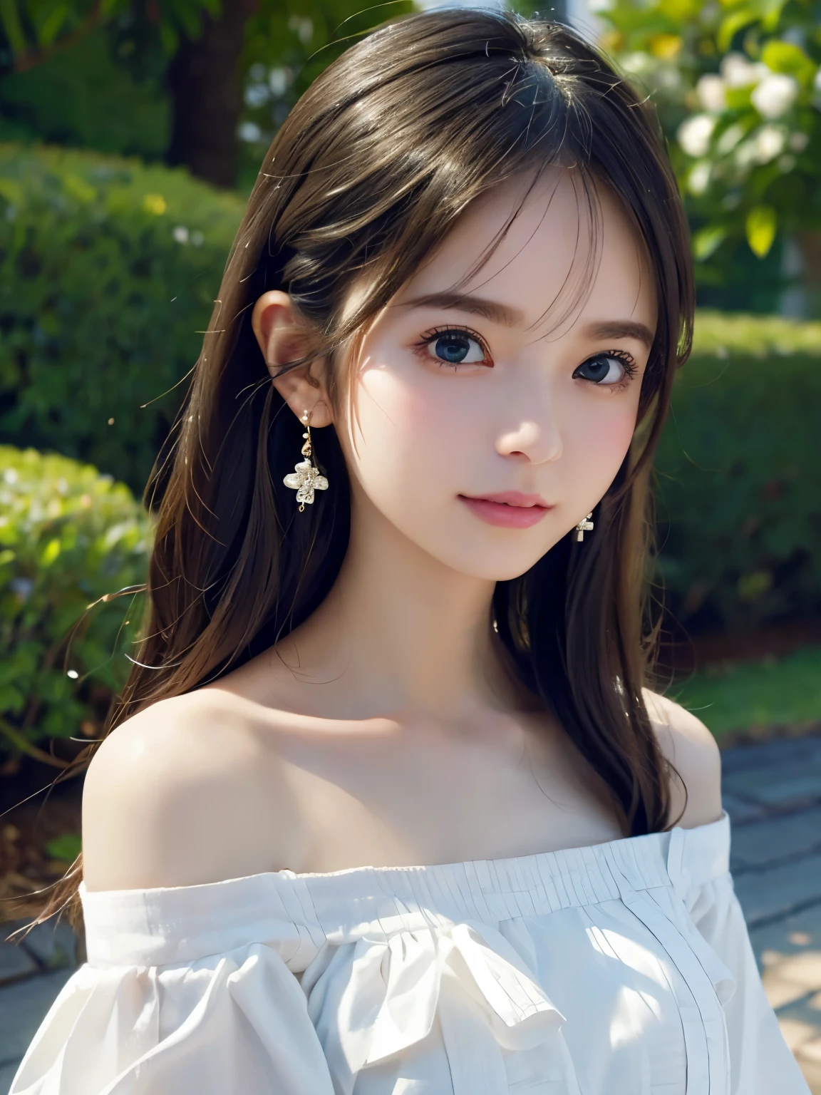 Image from chest up:1.6)、Laughter、Close-up portrait of a girl wearing only a white off-shoulder top dress and earrings, Soft portrait shot 8k, Nice delicate face, High-quality 4K portraits, High-quality portraits, Soft, perfect, pale skin, 8K Highly Detailed Face, なbeautiful繊細な顔, beautiful光の大きな目, Beautiful and realistic face, beautiful１８Year old girl, Beautiful and realistic face, cute１８Year old girl