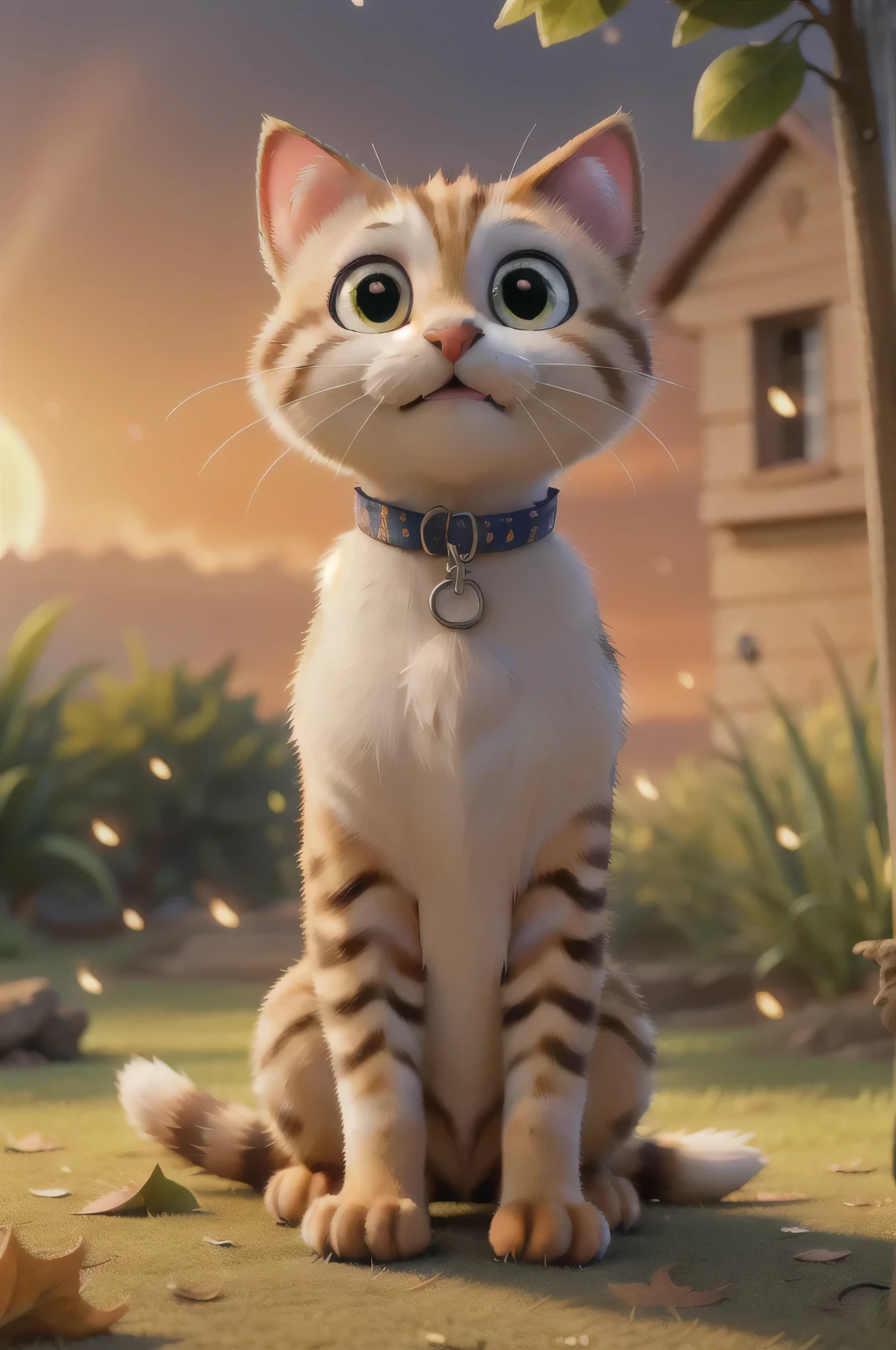 In a beautiful sunset, a cute kitten plays among the vegetation moistened by the rain, curiously chasing fireflies glowing in the dusk. The sky is painted with warm golden hues as the sun sets on the horizon, creating a magical and tranquil atmosphere. Leaves glisten with freshly fallen raindrops, adding an extra sparkle to the scene. The kitten, with its bright eyes and tail raised with excitement, captures the innocence and beauty of nature in its nocturnal play