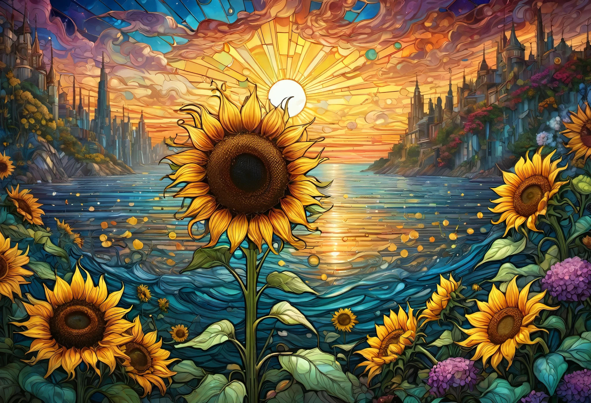 Sea of flowers, aesthetic, stained glass sunflower, Dan Mumford, Cyril Rolando, MW Kaluta, Louis Comfort Tiffany, Dale Chihuly, hyper-detailed, surreal, Digital Landscape Art, 8K resolution, beautiful colors, tarot cards, awe, Sunflowers made of stained glass, detailed, Hyperdetailed storybook illustration, concept art