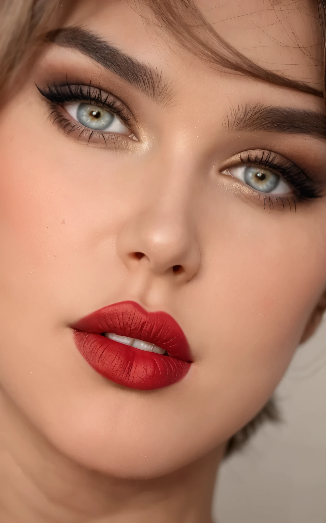 a close up of a woman with a labios rojostick and a red lip, wide golden eyes and labios rojos, faint labios rojos, cara sexy con maquillaje completo, light-labios rojos, labios rojostick on face, deep labios rojos, luscious labios rojos, small and thick labios rojos, thick labios rojos, sexy labios rojos, labios rojos, labios sexys :5 con estilo