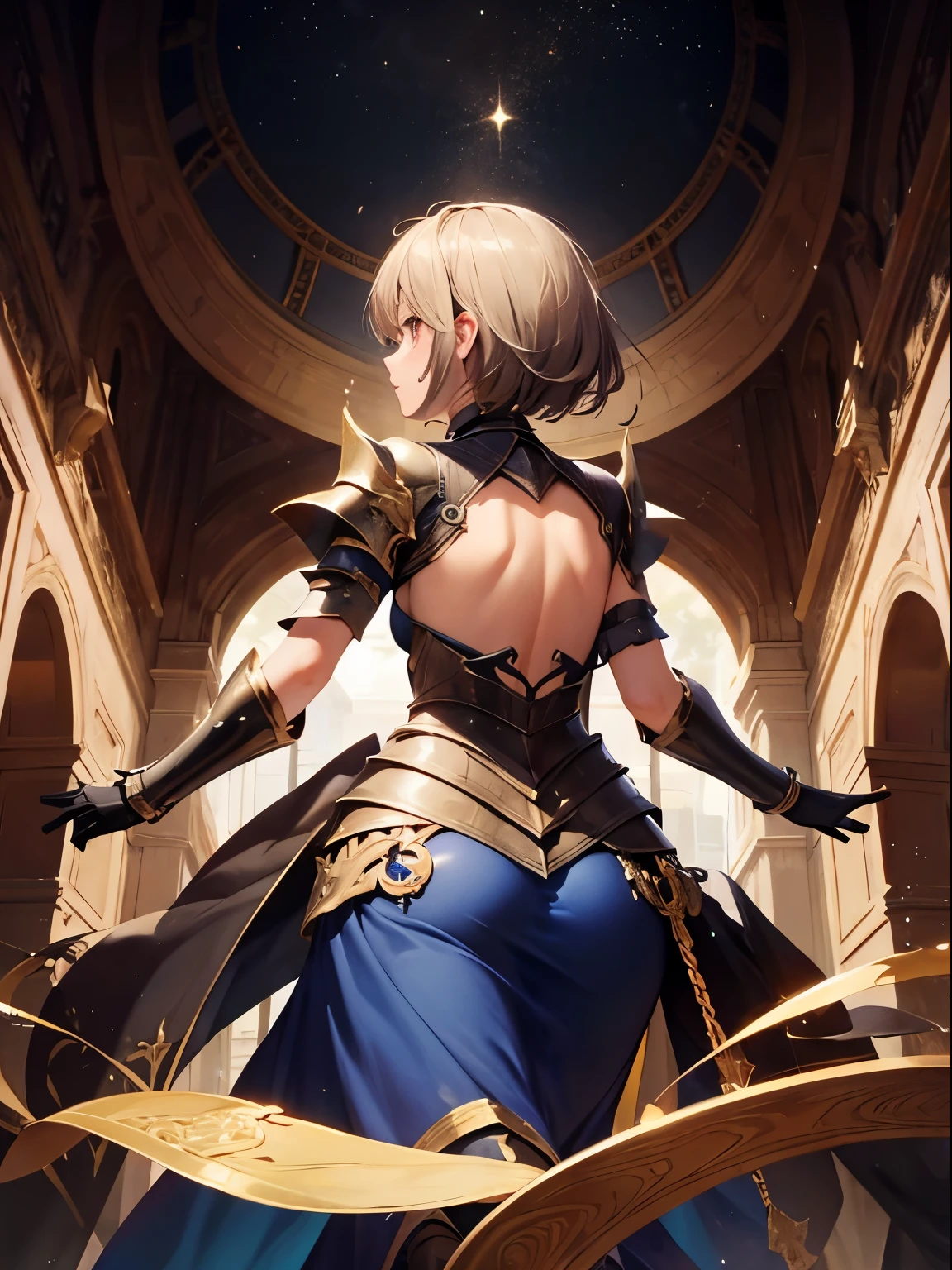 back turned, dark hair, golden armor, holding a banner