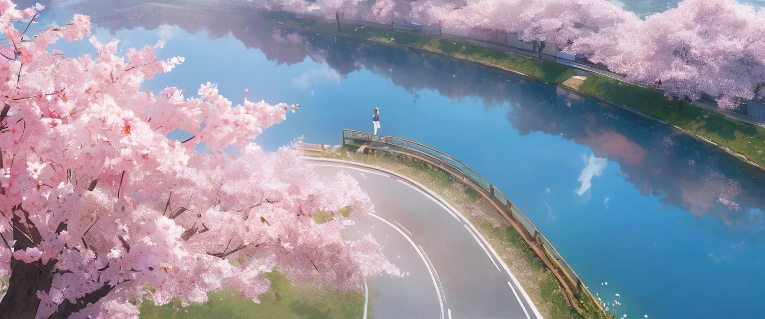 diy18，The image captures a serene morning scene in a rural Japanese town. Students, dressed in uniforms, are seen walking towards the train station on a road lined with cherry blossom trees, which are in full bloom. The trees, with their delicate pink and white blossoms, are a beautiful contrast to the blue sky above. The perspective of the photo is from above, giving a bird's eye view of the scene below.
