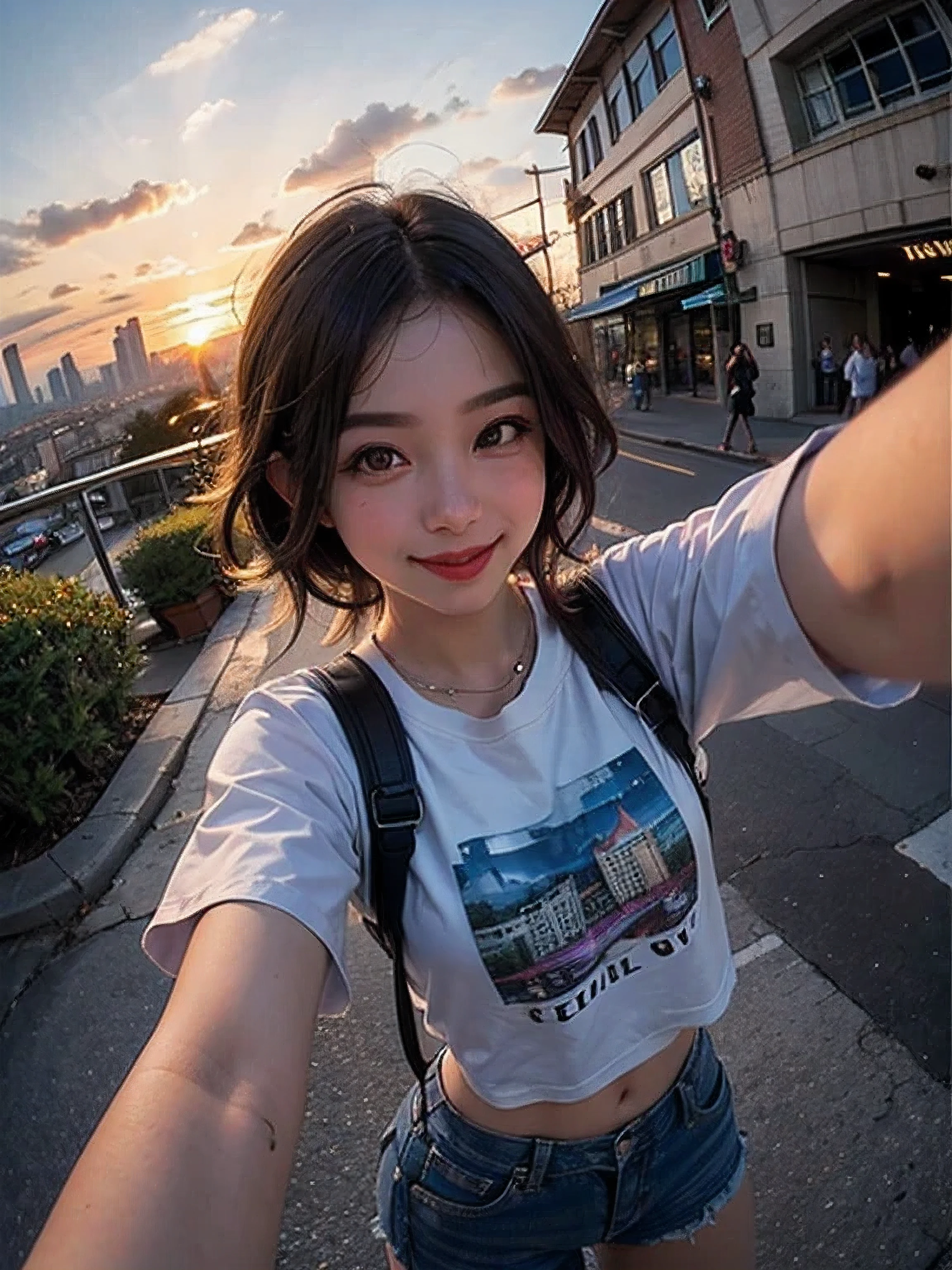 1 punk girl, fish eye, selfie, Wind, dirty hair, sunset, cityscape, (Aesthetics and atmosphere:1.2),smiling