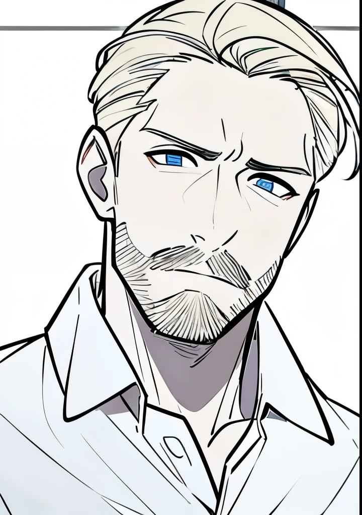 Young Adult male, white and tender skin, pale blonde slicked back combed short hair, kaiser mustache, ducktail beard, steel blue eyes, green and slightly mature, serious and emotionless facial expression, wearing white bottom long sleeve shirt with collar, portrait style, facing forwards