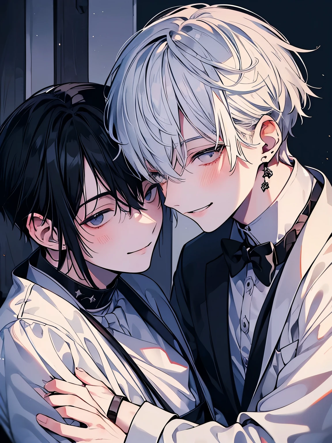(muste piece), (best quality), very detailed, ((two men intimate)), perfect face, beautiful face, very detailed顔,(black haired man:1.3),(white haired man:1.3),suit,shirt,smile