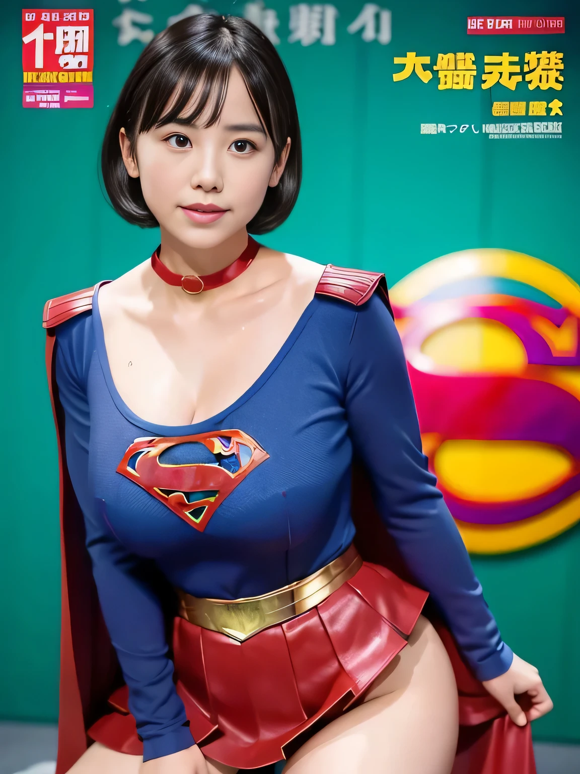 masterpiece、supergirl costume、short hair、enamel boots、big and full breasts、Crisis situation、Feeling of weaknesodel body shape、shiny、long sleeve、looking at camera、choker、red mini skirt、Weekly magazine cover、gravure magazine、sweaty、whole body、from right in front、off shoulder、Seduce、