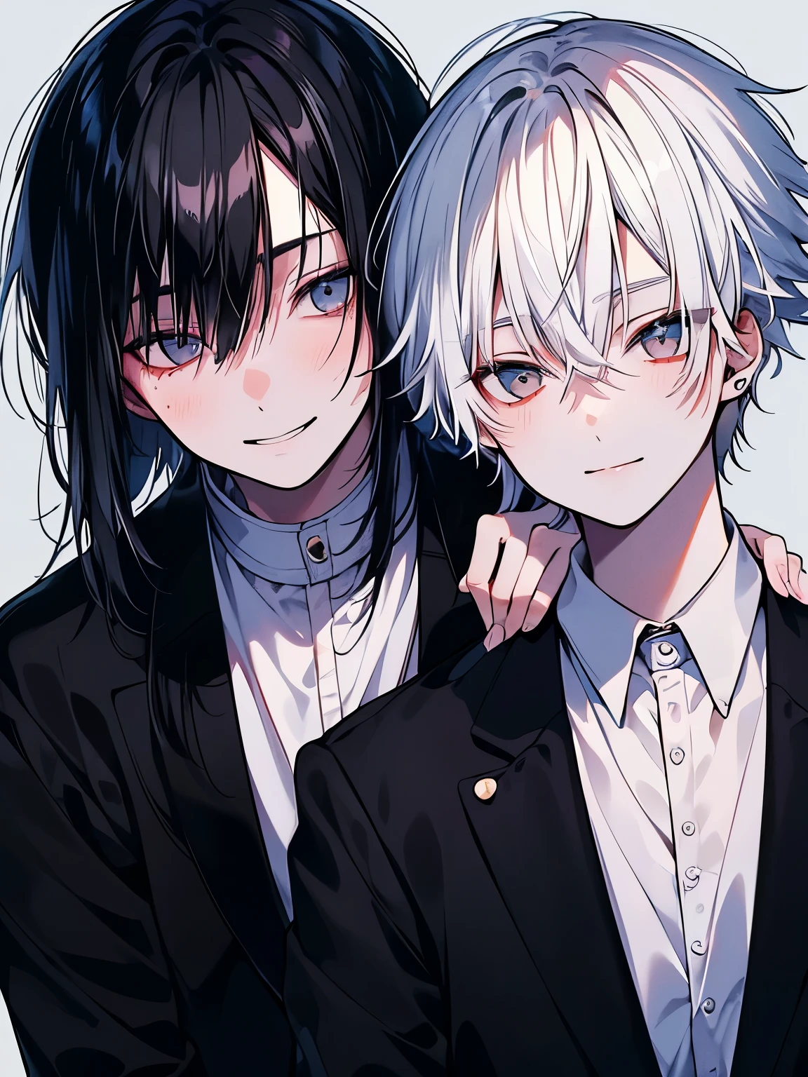 (muste piece), (best quality), very detailed, ((two good friends)), perfect face, beautiful face, very detailed顔，(black haired man:1.3)，(white haired man:1.3)，suit，shirt，smile