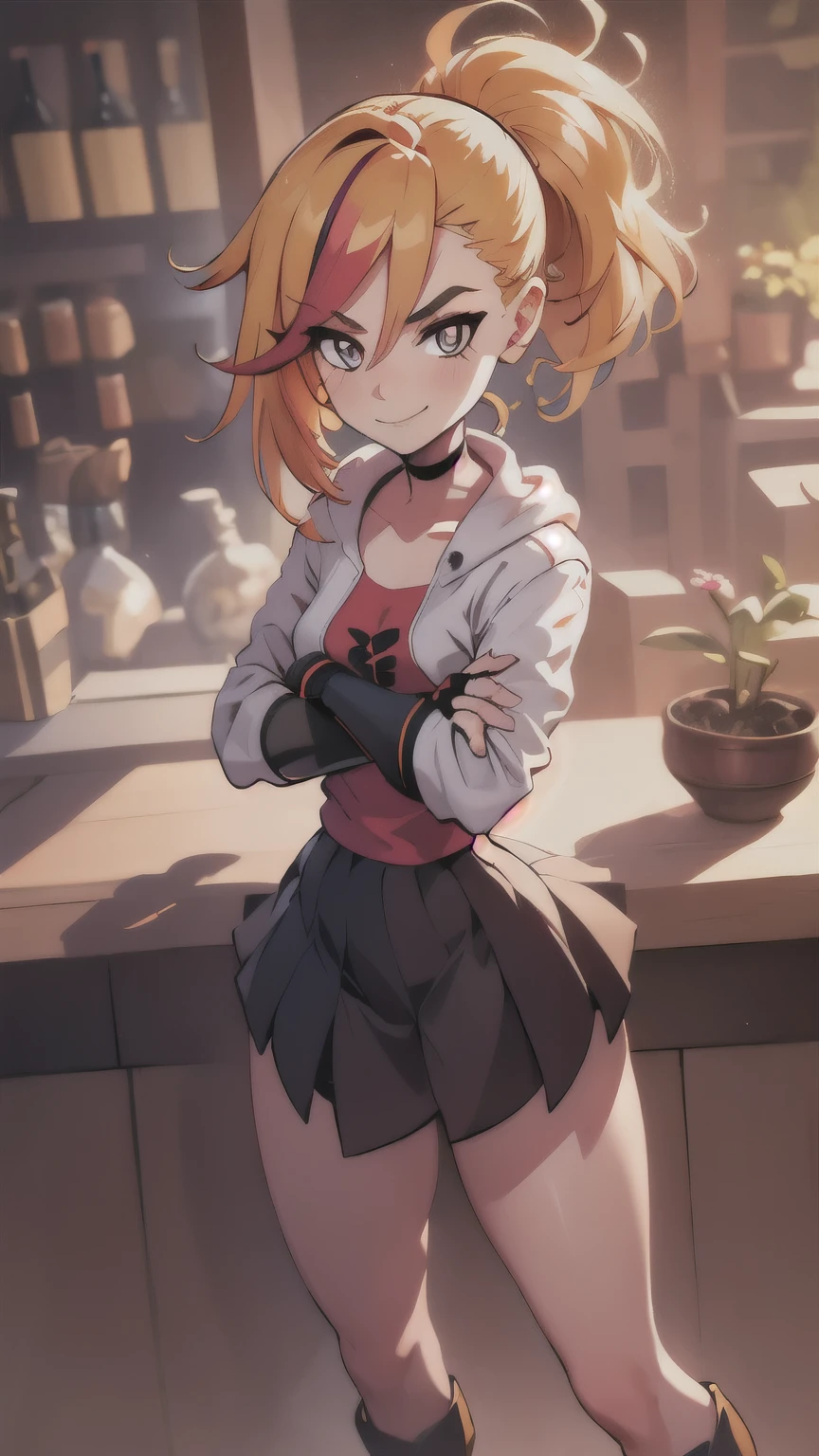 (best quality:1.2),solo,1girl,mdrin,smile,looking at viewer,crossed arms,ponytail,v-shaped eyebrows,white jacket,red shirt,fingerless gloves,black skirt,choker,illustration,floral garden background,warm color tones,soft lighting, Hair over one eye, ultra long hair, standing on hooftop, long boots