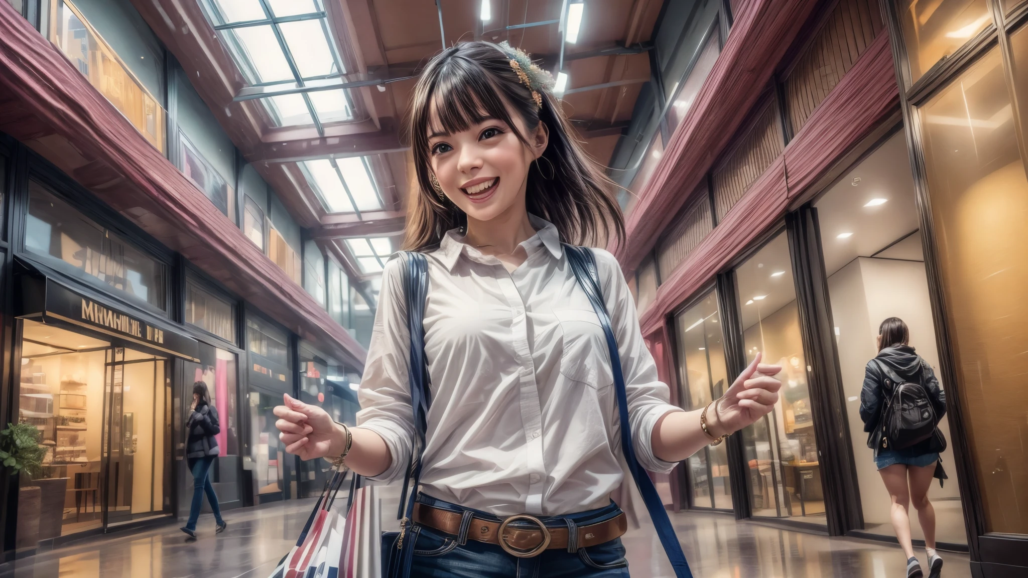 (best quality,4k,8k,highres,masterpiece:1.2),ultra-detailed, College Girl shopping in a mall, strutting her stuff, Smiling and laughing, Flirting with the viewer, HDR, 8k, absurdres, cinestill 800, sharp focus, add_detail:3 (solo woman)