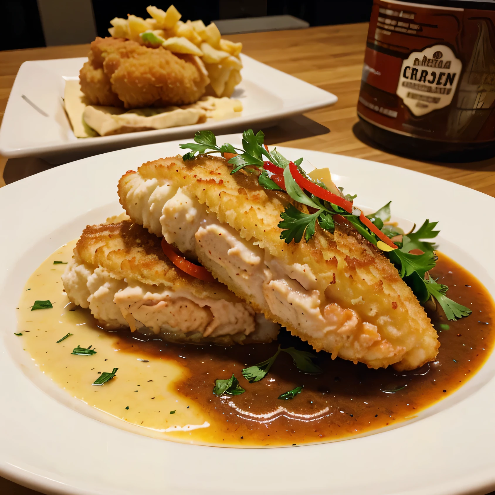 Photo of a culinary dish with fried breaded fish fillet