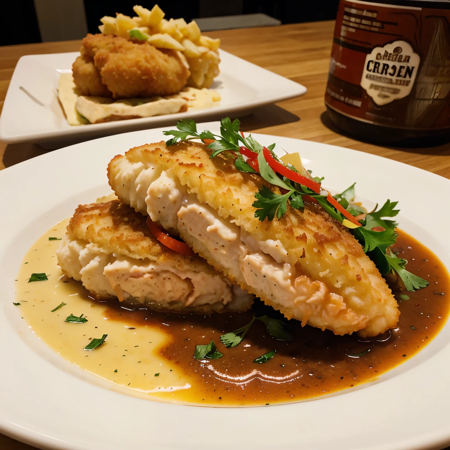 Photo of a culinary dish with fried breaded fish fillet