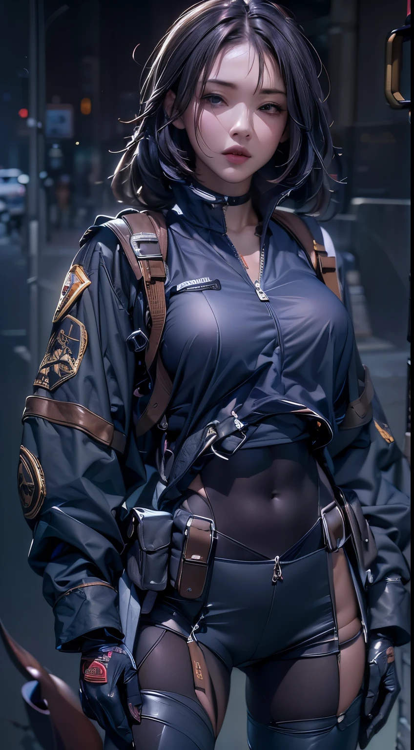 11:23(((best quality: 1.4))),(Unparalleled masterpiece), (ultra high definition),(Hyper-realistic 8K CG)、(one hand raised),(dark hair) ((( Body))), (((1 girl in))), 25-year-old American soldier with perfect Body,,Beautiful and well groomed face,muscular Body:1.2,Solid royal blue jacket with details, (Pictures from head to thighs), Complex equipment, Purple,trousers,The clothes inside are dark,Clothes with armored metal electronic parts, poison tattoo )