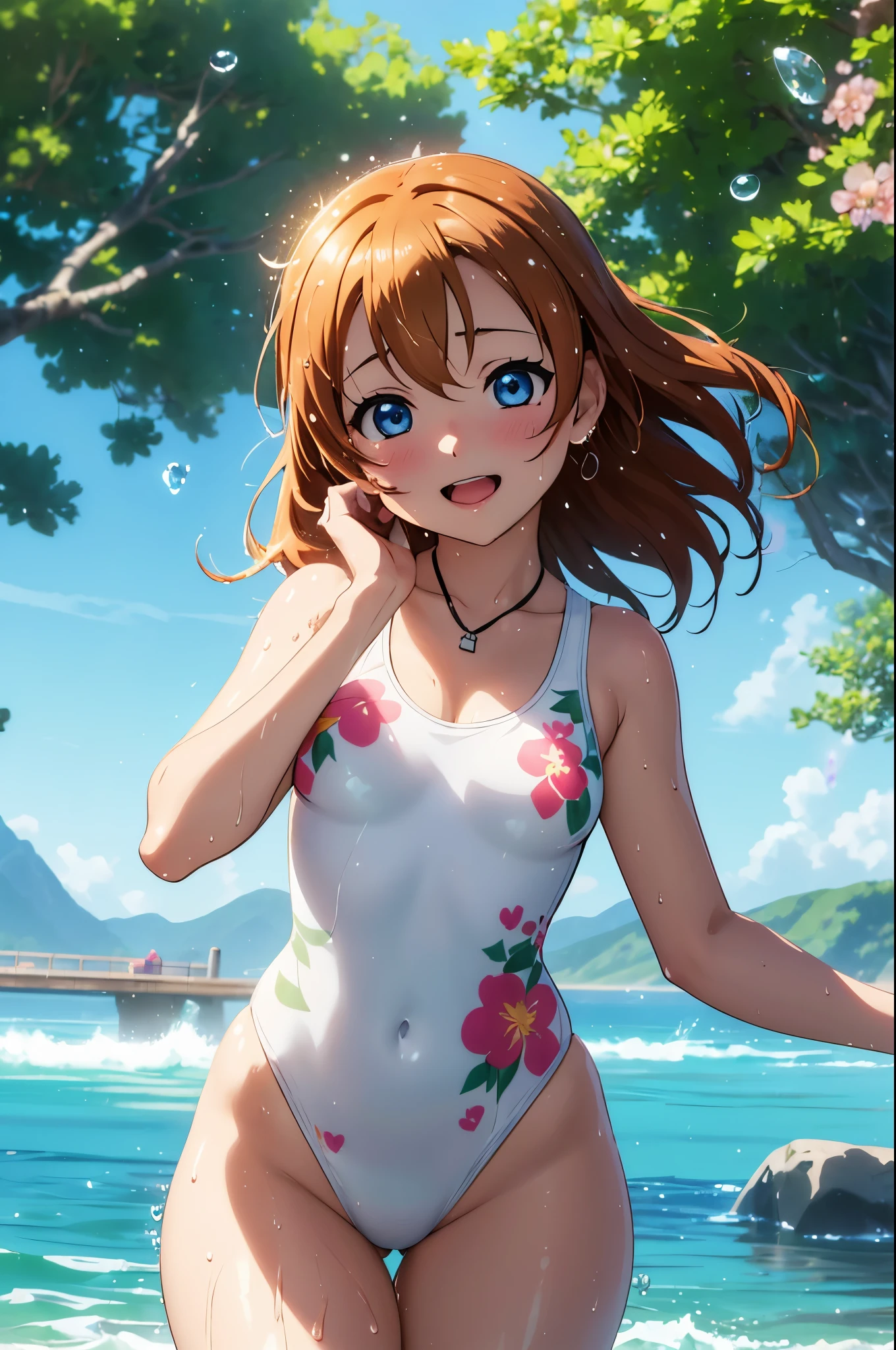 (Masterpiece, Best Quality, High Quality), (chibi),kousaka honoka, volumetric lighting, illustration, blue eyes,beautiful, tight ,(wet:1.2), wet thighs,Blushing, breasts, looking at viewer, flowers printed leotard swimsuit, white swimsuit,solo, curvy body,under water, floral print, looking to the side, confident, seductive smile, (arms behind back, head tilt:1.1), heart pendant,perfect lighting, perfect shadows, flower, (breathtaking scenery:1.1), tree, blushing,(her hair flying from the wind:1.3),(detailed hair strands),Water spray,(Water splash and water drops:1.3),(motion blur:1.3), open mouth 