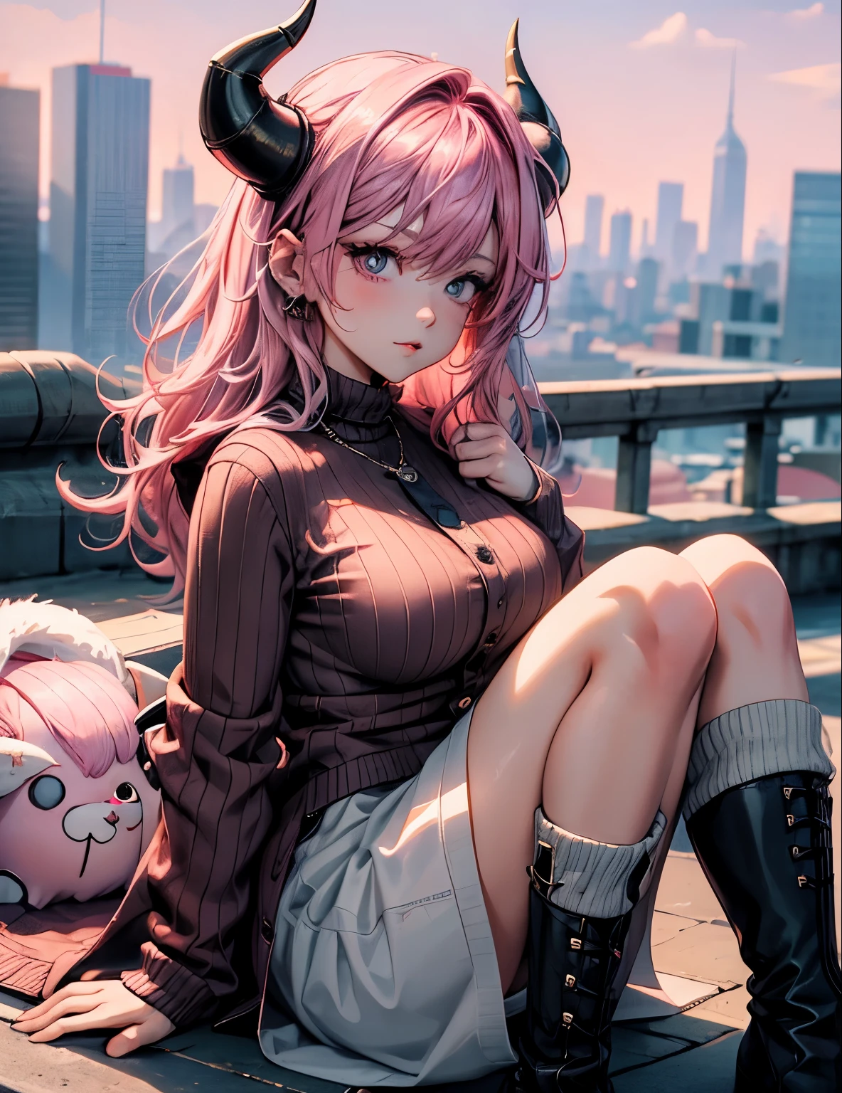 1girl, pink hair, trendy hairstyle, horns, hd quality, 4k, 8k, knitted cardigan, boots, fluffy hat, , kawaii, stepped on pov, below boot pov, huge breasts, cityscape, crouched, demoness