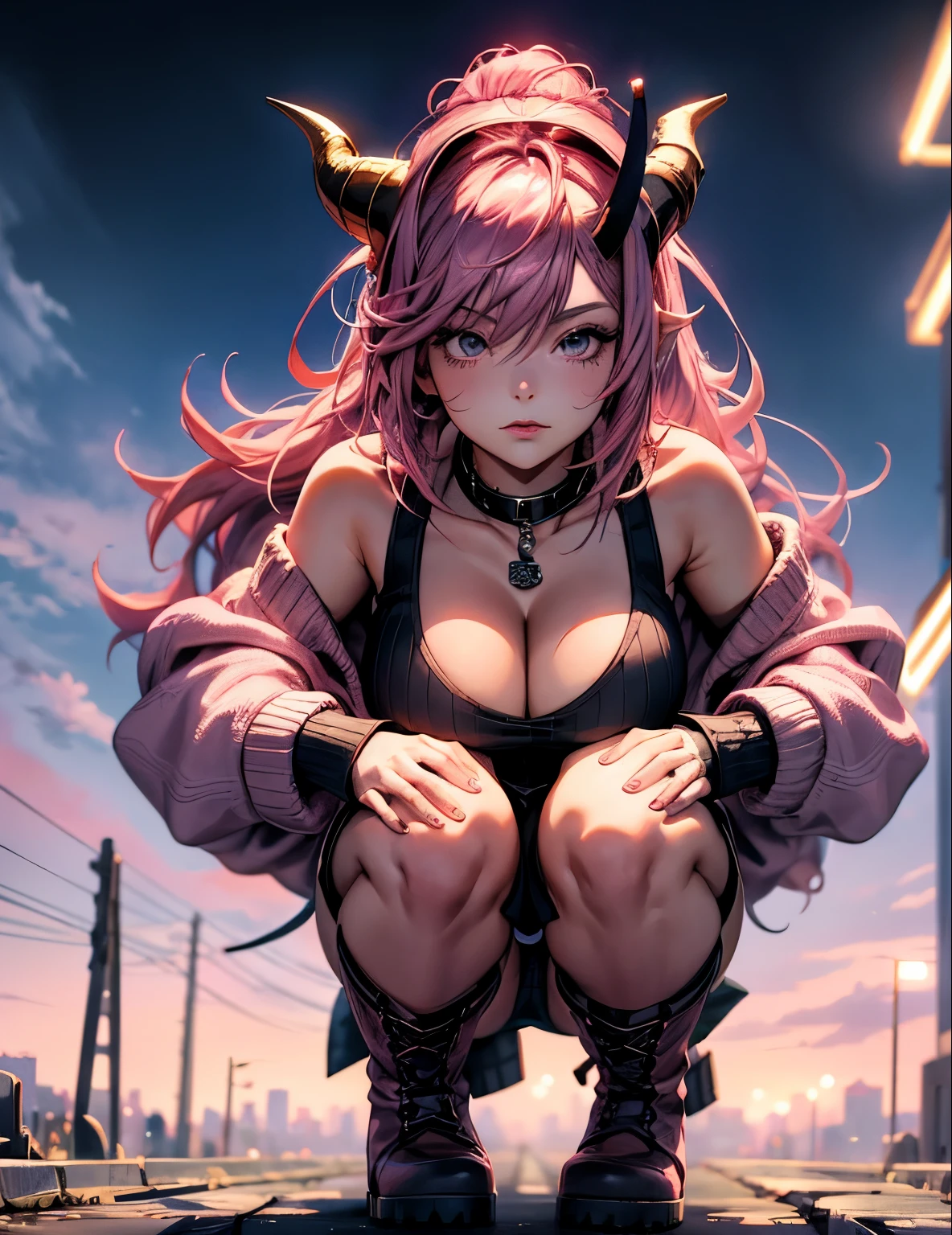 1girl, pink hair, trendy hairstyle, horns, hd quality, 4k, 8k, knitted cardigan, boots, fluffy hat, , kawaii, stepped on pov, below boot pov, huge breasts, cityscape, crouched, demoness
