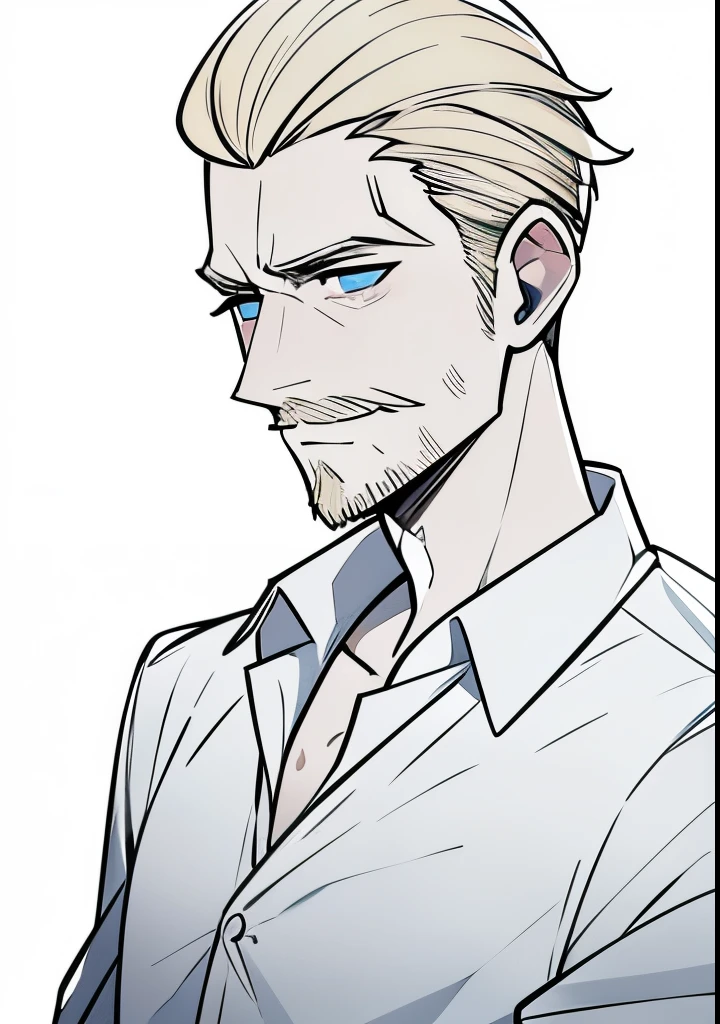 Young Adult male, white and tender skin, pale blonde slicked back combed short hair, kaiser mustache, ducktail beard, steel blue eyes, green and slightly mature, serious and emotionless facial expression, wearing white bottom long sleeve shirt with collar, portrait style, facing forwards