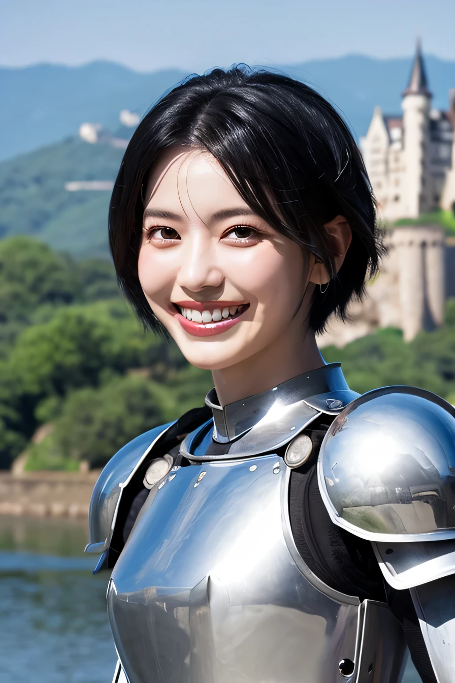 highest quality、４Ｋ、The background is a castle、slender body shape、female knight、black hair、smile、beautiful teeth、hairstyle short cut、full body photo、luxurious silver armor、holding a helmet