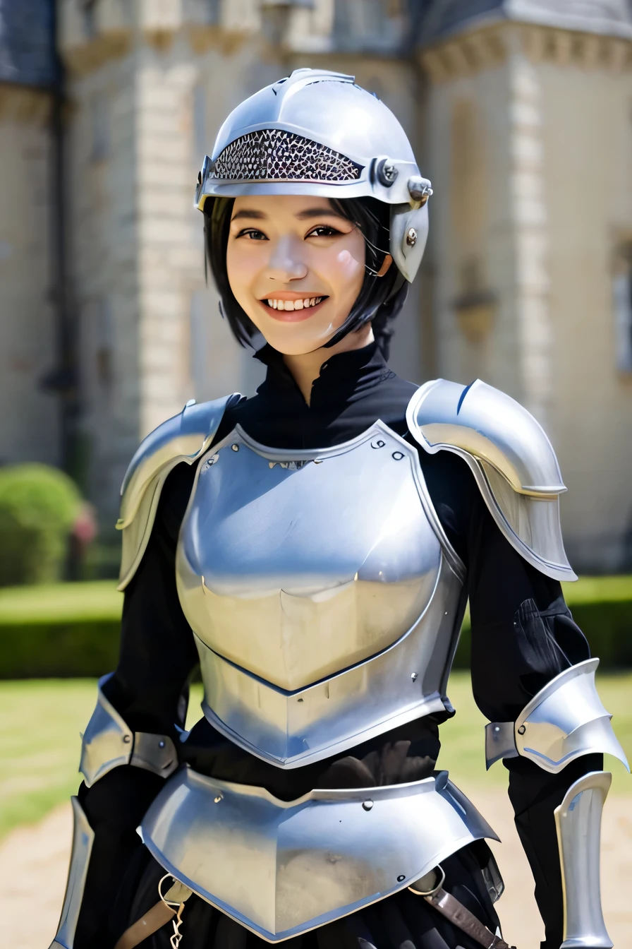 highest quality、4K、The background is a castle、slender body shape、female knight、black hair、smile、beautiful teeth、hairstyle short cut、full body photo、luxurious silver armor、holding a helmet