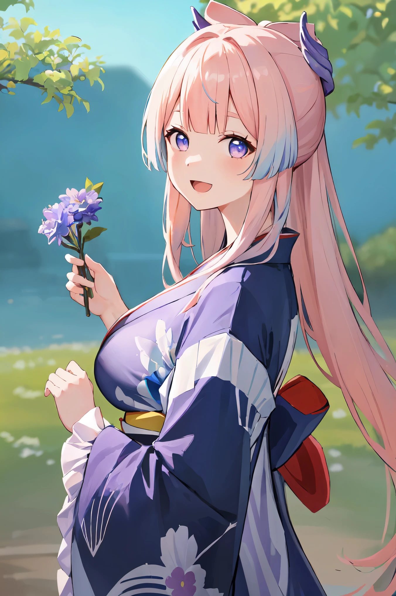 (realistic painting style:0.9), masterpiece, highest quality,  confused, looking at the viewer, alone,sangonomiyaKokomi, There are no students, 1 girl, kimono, kimono, hair ornaments, alone, pink hair, smile, looking at the viewer, bow shaped hair, flower, long hair, bangs, wide sleeve, colorful hair, frills袖, holding, hair flower, sash, open your mouth, flower柄, heart, long sleeve, blue eyes, blunt bangs, new year, Upper body, gradient hair, Alternative costumes, purple eyes, :d, frills, blush, white kimono, blue hair, colored tips, print kimono, big breasts,flower嫁姿
 