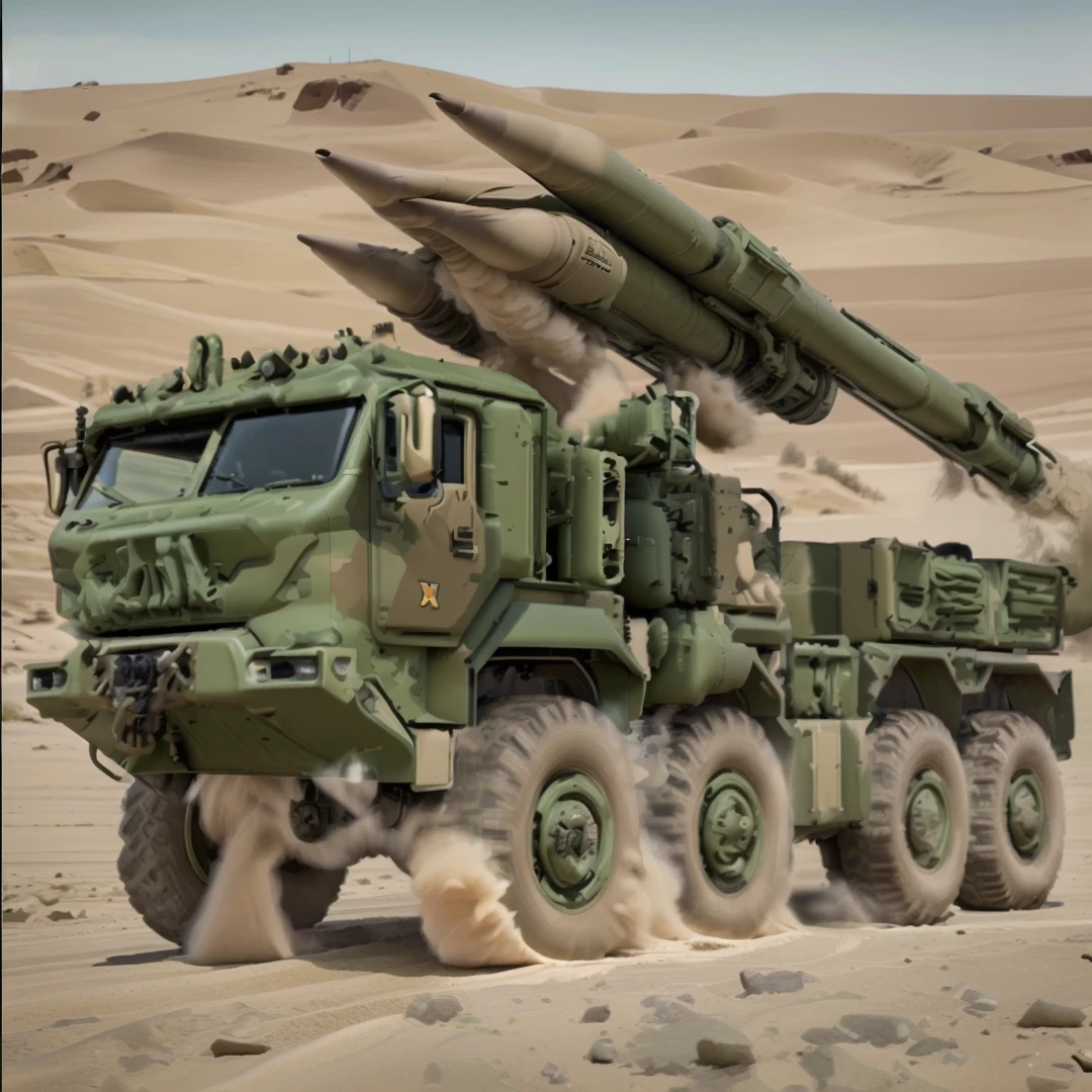 military system rocket movil truck chevrolet 6x6  , painted camouflage beige green and brown, hiperreal photografic Professional photography, 