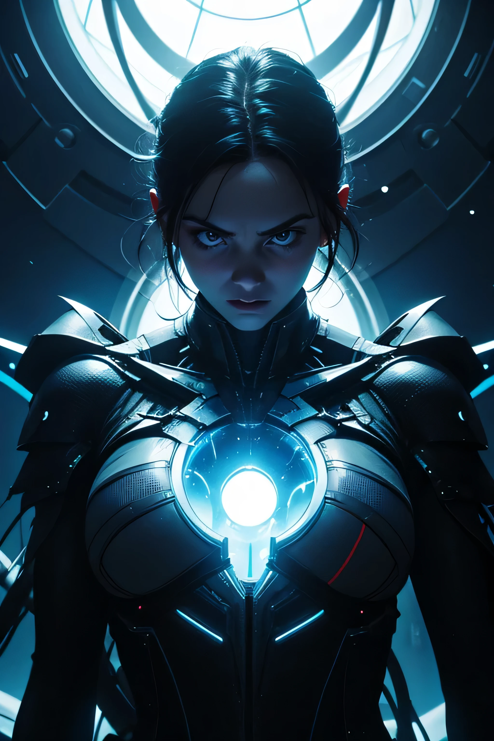 woman with Mystica's entire body from the movie X-Men, alien head from Alien the Eighth Passenger, defiant attitude towards the camera, terrifying attitude.  character with complex ultra details, glowing body and head, full body, scene set in a complex ultra-detailed spaceship, bluish cinematic lighting, low light, twilight, ray tracing, reflections, masterpiece, highest quality, 8k, science fiction