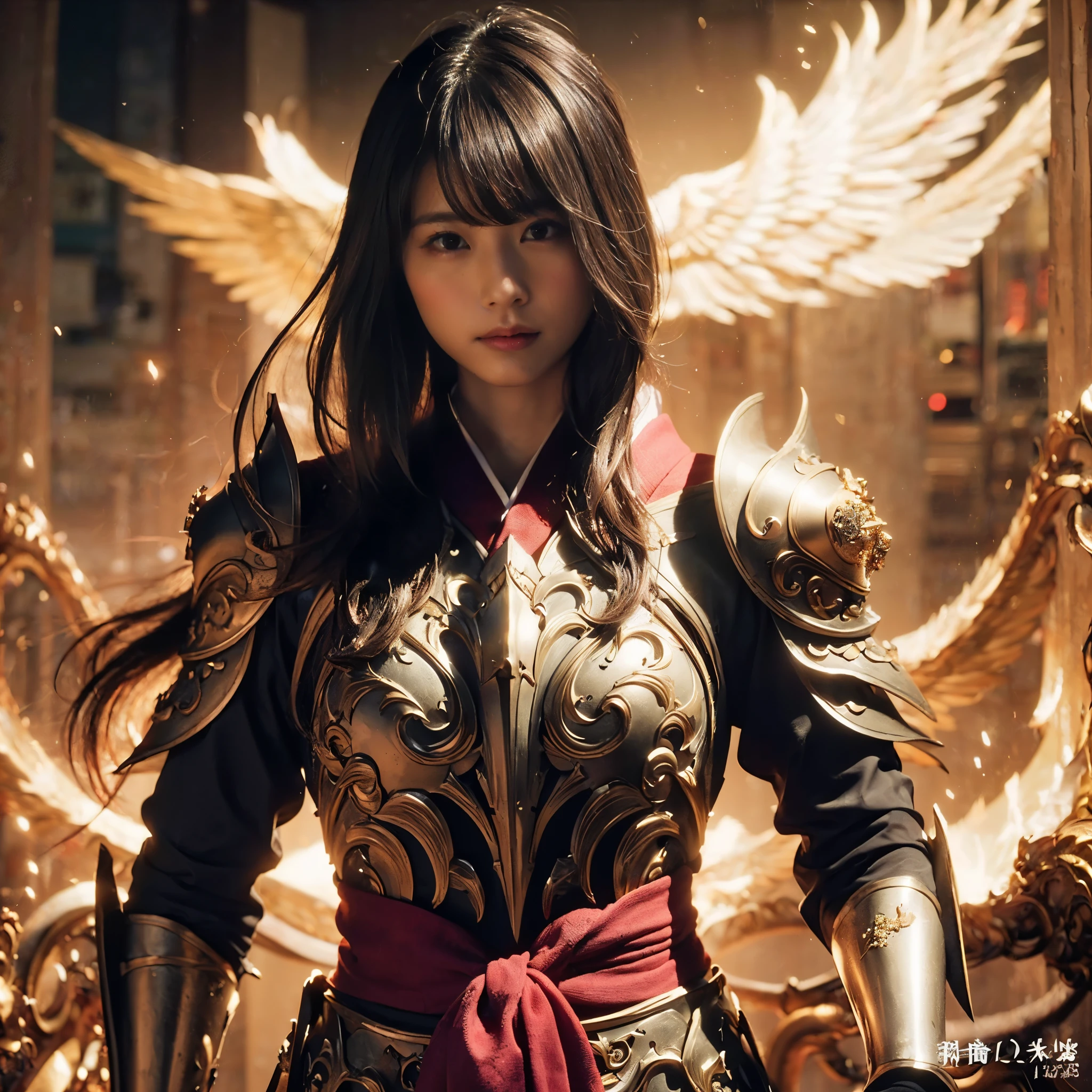 (((Realistic, masterpiece, best quality, crisp detail, high definition, high detail, very rich detail, sharp focus, sharp detail, colorful, perfect studio lightning))), ((20 years old goddess, kasumi arimura, flying, floating)),(((in the middle of war, epic war scene, attack stance))), wearing (((beautiful decorated golden heavy armor, dragon armor, decorated full body armor, fully armored beautiful kimono, wide golden wings))), (flying, swinging katana, blood scattered face, blood tears, blood bath, blood shed), (((fire everywhere, blood everywhere, death everywhere, japan bakumatsu period, dead bodies,carcass,burned japanese castle,hellish,chaos)) traditional village background)