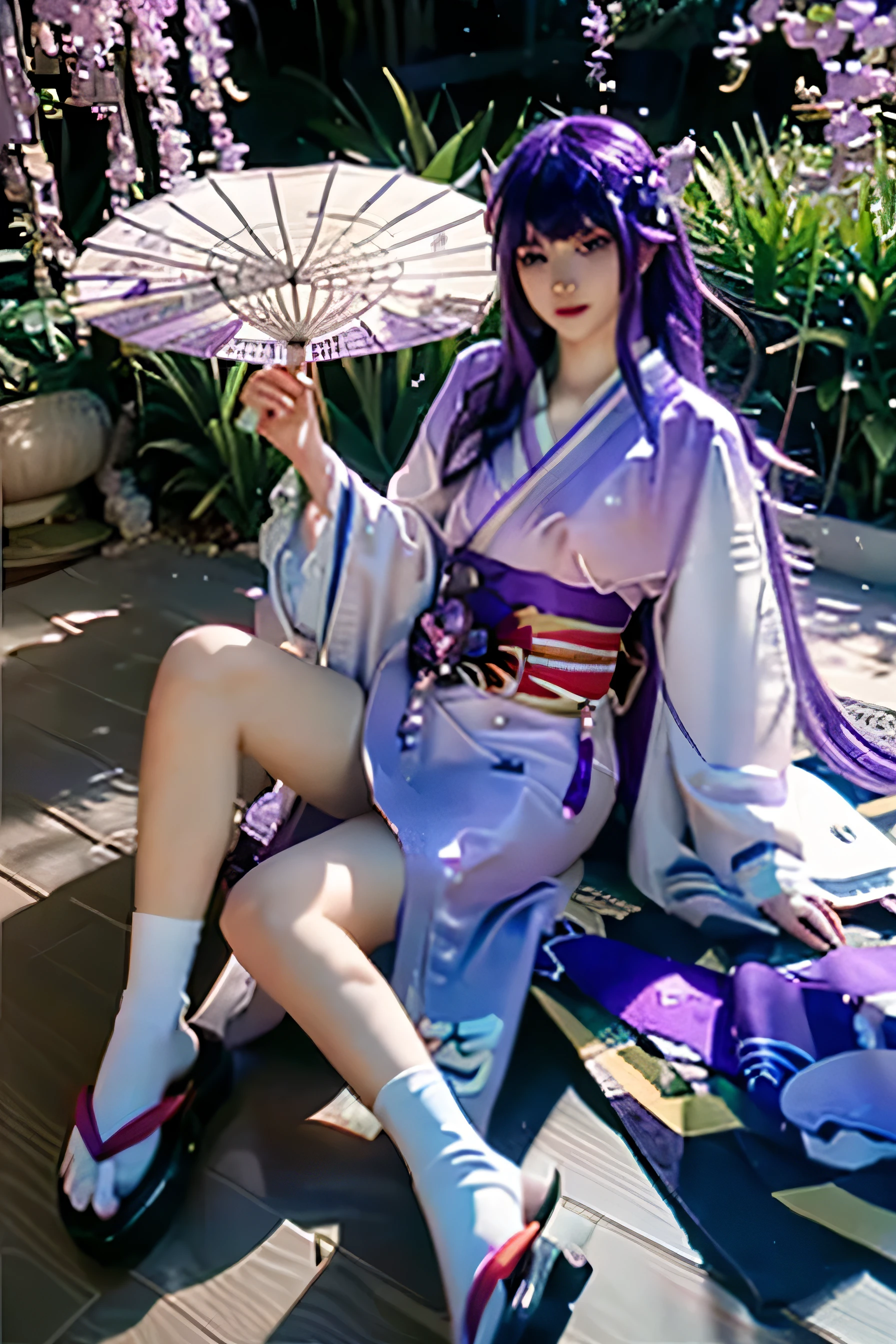 EI,(MP-E, macro, 65mm, f/2.8), ultra realistic,32k,RAW photo,(high detailed skin:1.2), 8k uhd, high quality,1girl, solo,see-through,lying down,Raiden_Ei, (purple hair:1.3),bangs,japanese clothes,solo,light purple kimono,tabi,hair ornament,long hair,logs,long hair,white socks,bare legs,sash,wide sleeves,wisteria, wisteria flower,  no panties,