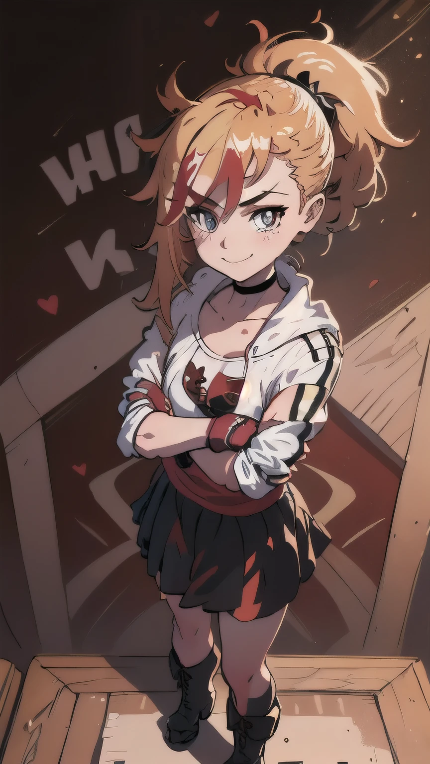 (best quality:1.2),solo,1girl,mdrin,smile,looking at viewer,crossed arms,ponytail,v-shaped eyebrows,white jacket,red shirt,fingerless gloves,black skirt,choker,illustration,floral garden background,warm color tones,soft lighting, Hair over one eye, ultra long hair, standing on hooftop, long boots