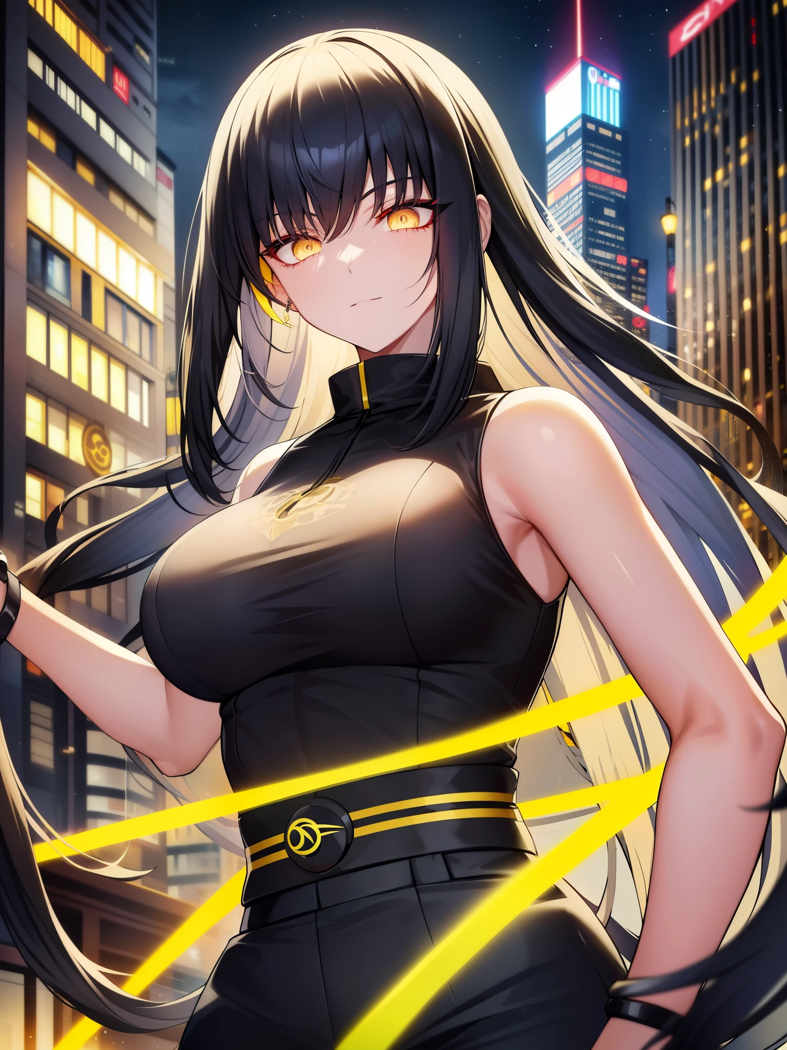 seth,yin yang orb,black hair,hair rings bang,long hair,yellow eyes,
neon trim,colored skin,
standing,upper body,
cityscape,night,
(insanely detailed, masterpiece, best quality,beautiful detailed eyes),solo,